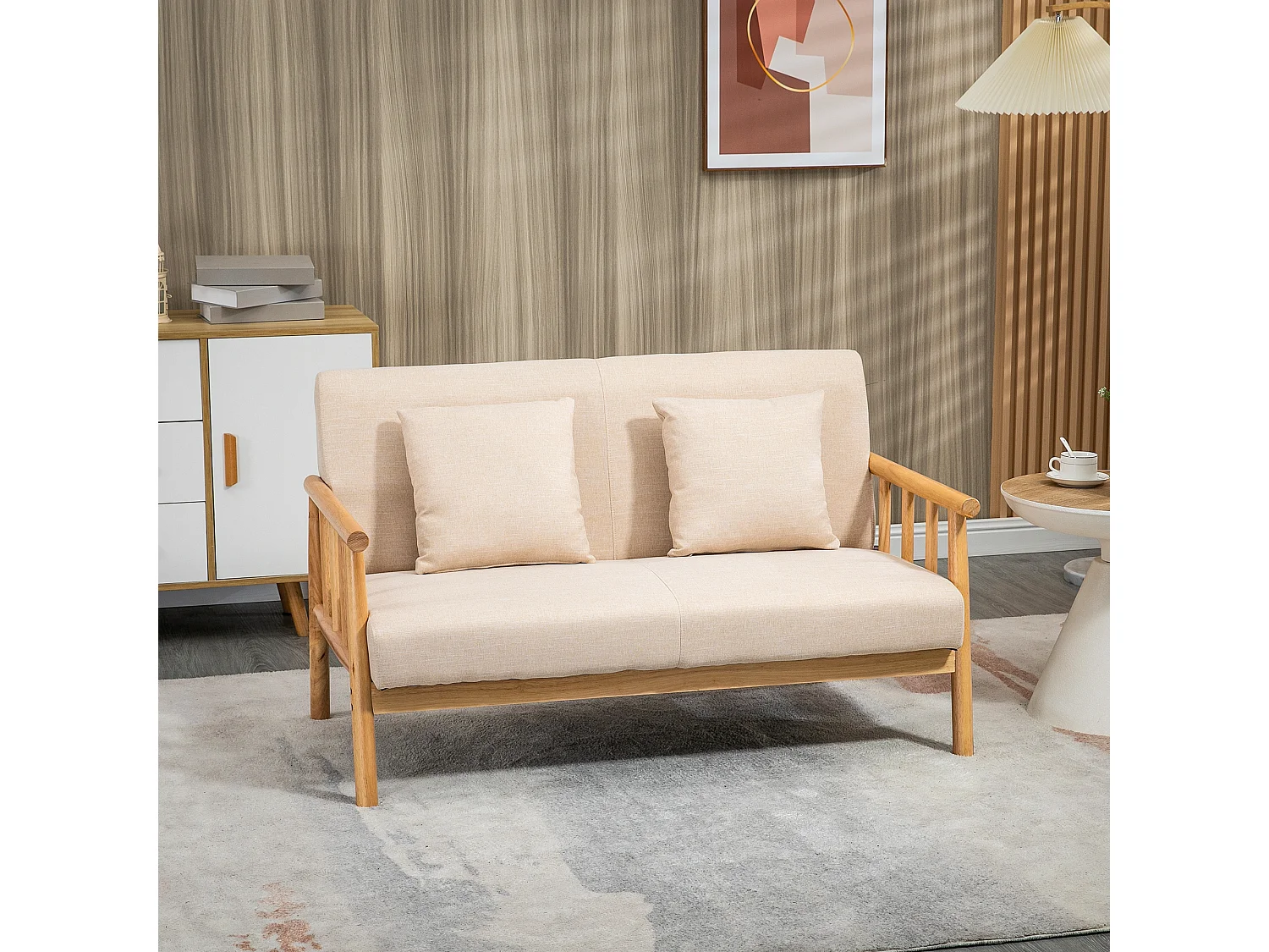 Canapé droit 2 places beige, cadre en bois naturel, 2 coussins inclus - 123x69x74cm