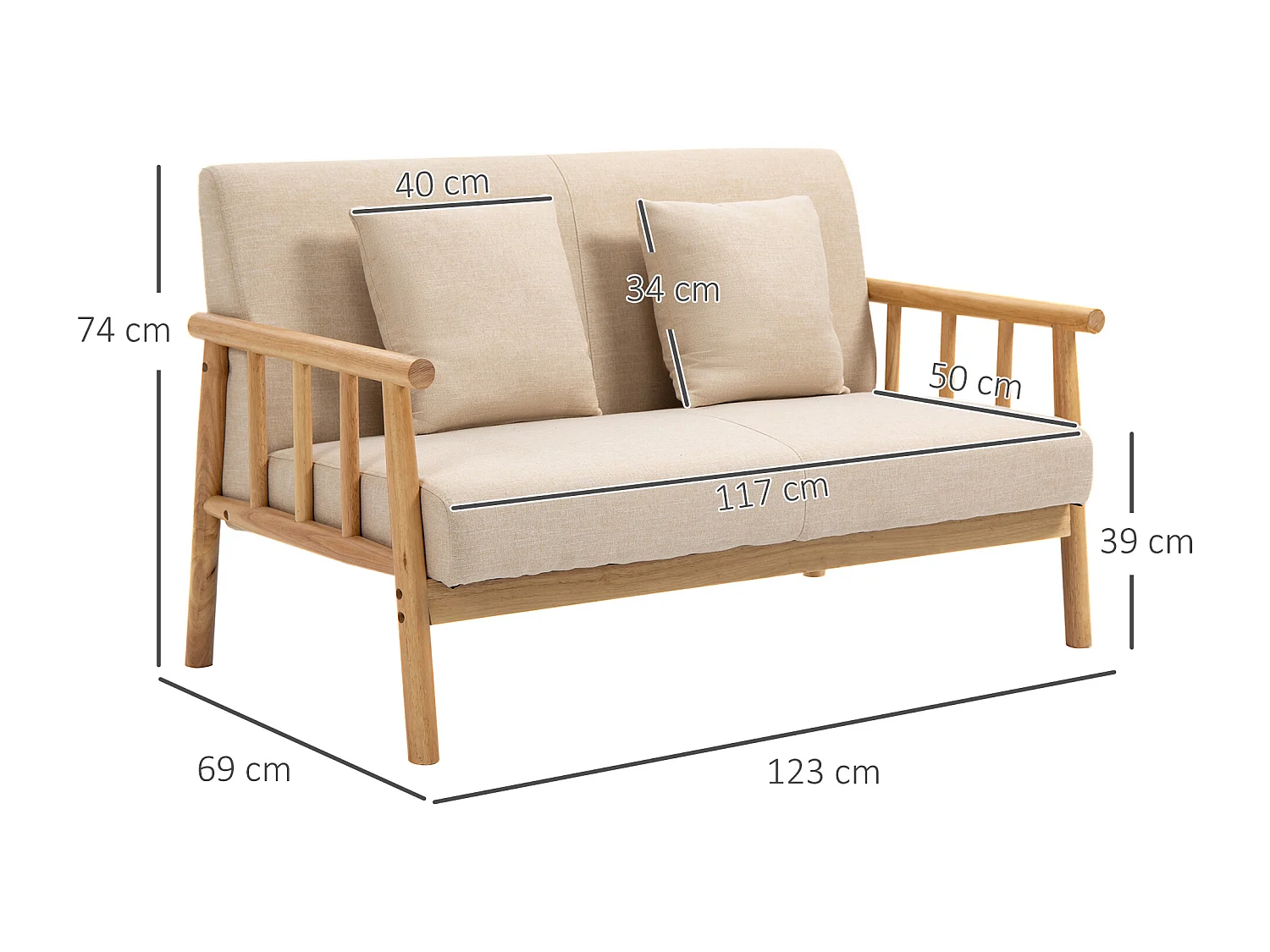 Canapé droit 2 places beige, cadre en bois naturel, 2 coussins inclus - 123x69x74cm