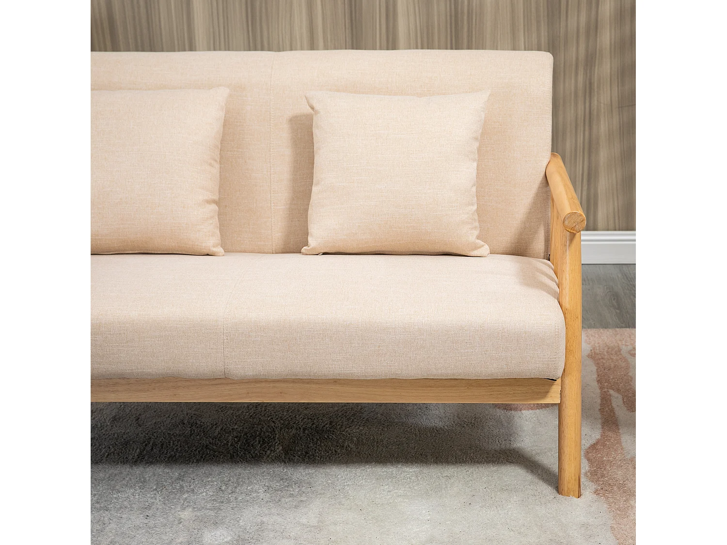 Canapé droit 2 places beige, cadre en bois naturel, 2 coussins inclus - 123x69x74cm