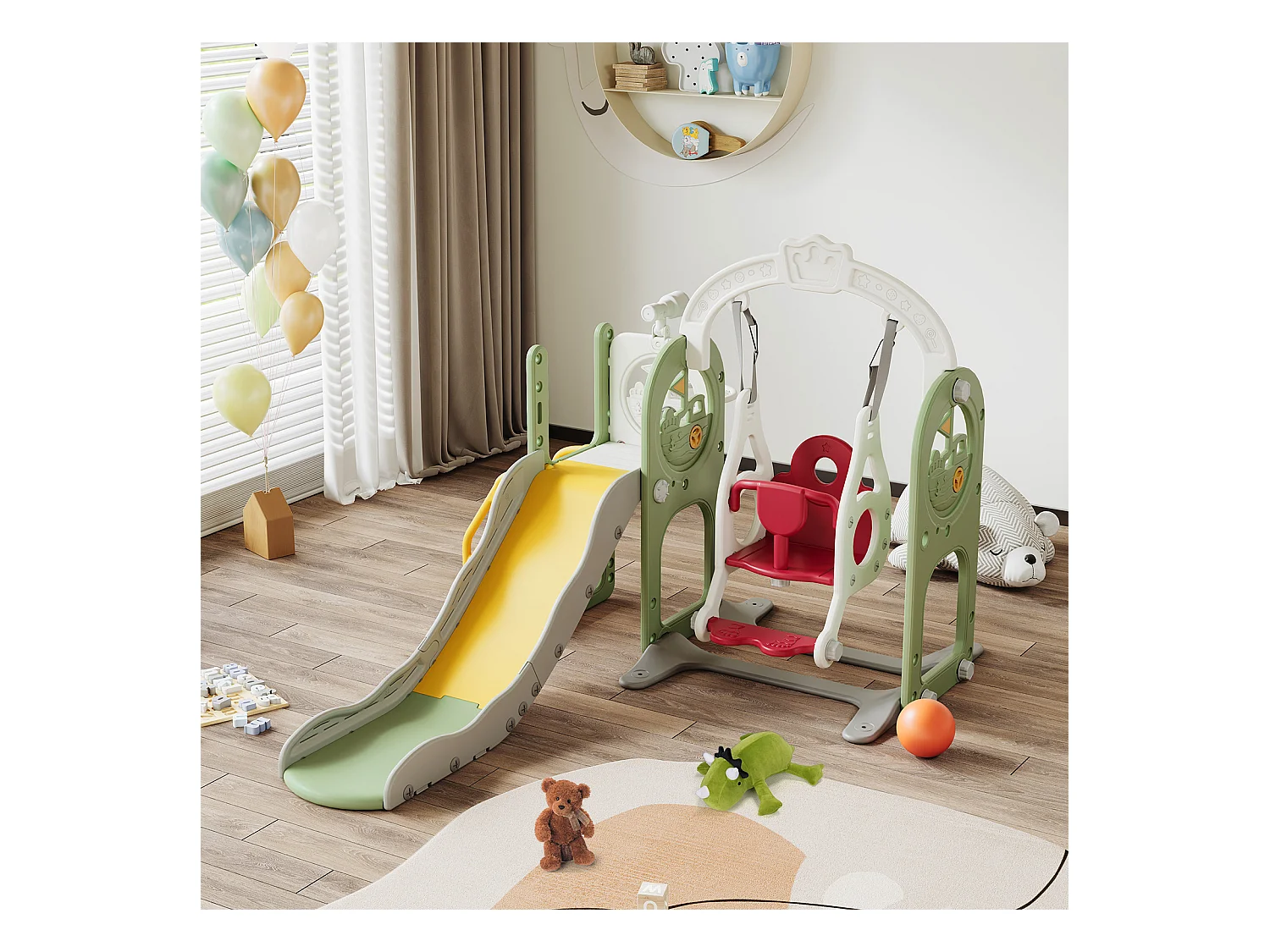 Set 6 en 1 de tobogán y columpio para niños con escalera, telescopio, tobogán, aro de baloncesto y almacenamiento – diseño barco pirata, verde