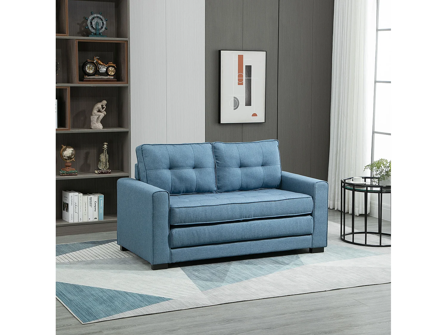Canapé droit 2 places convertible 3 plis bleu, 2 coussins inclus - 147.5x75x85cm