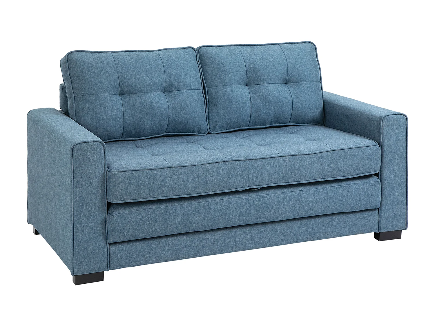 Canapé droit 2 places convertible 3 plis bleu, 2 coussins inclus - 147.5x75x85cm