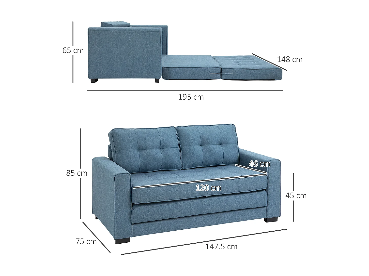 Canapé droit 2 places convertible 3 plis bleu, 2 coussins inclus - 147.5x75x85cm