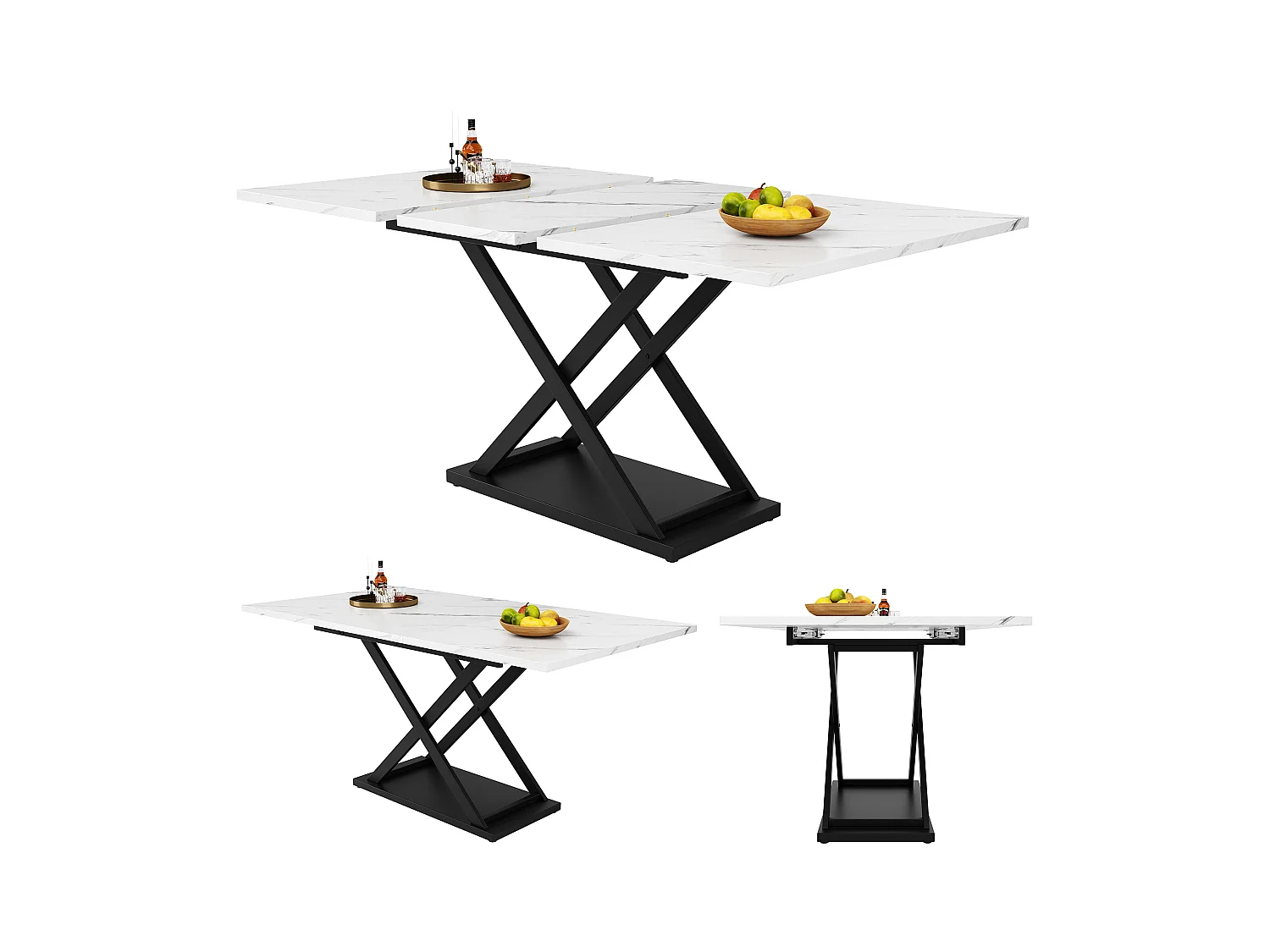 Table à manger extensible rectangle 120-160x80x75cm avec plateau en placage marbre blanc et pieds noir croisé