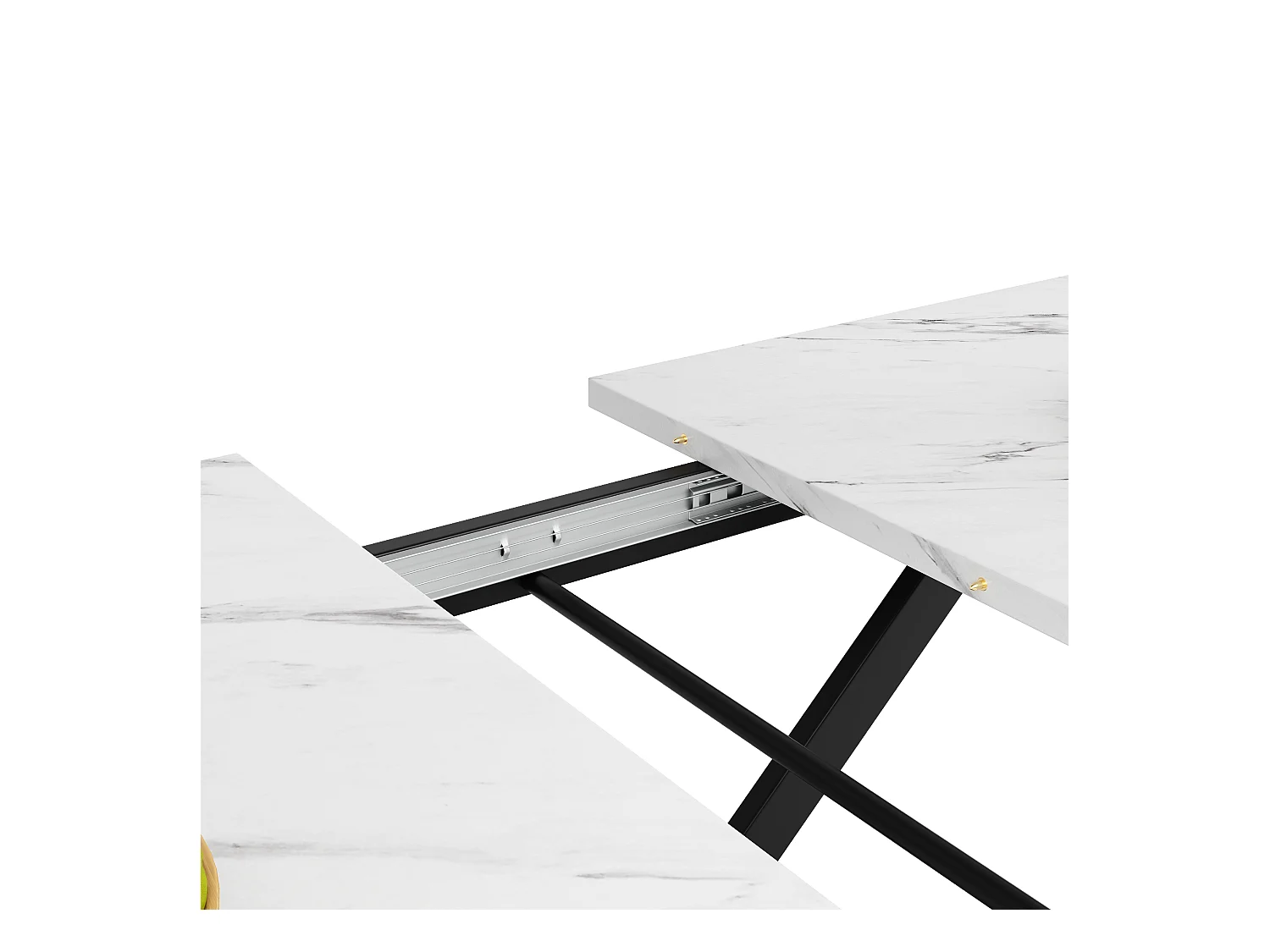 Table à manger extensible rectangle 120-160x80x75cm avec plateau en placage marbre blanc et pieds noir croisé