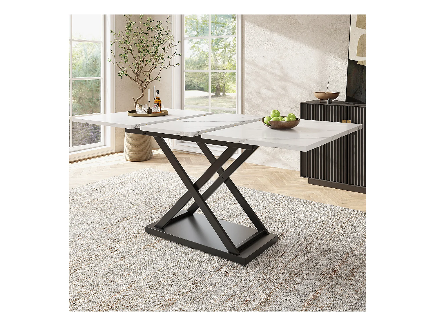 Uitschuifbare rechthoekige eettafel 120-160x80x75cm met wit marmeren fineer blad en gekruiste zwarte poten