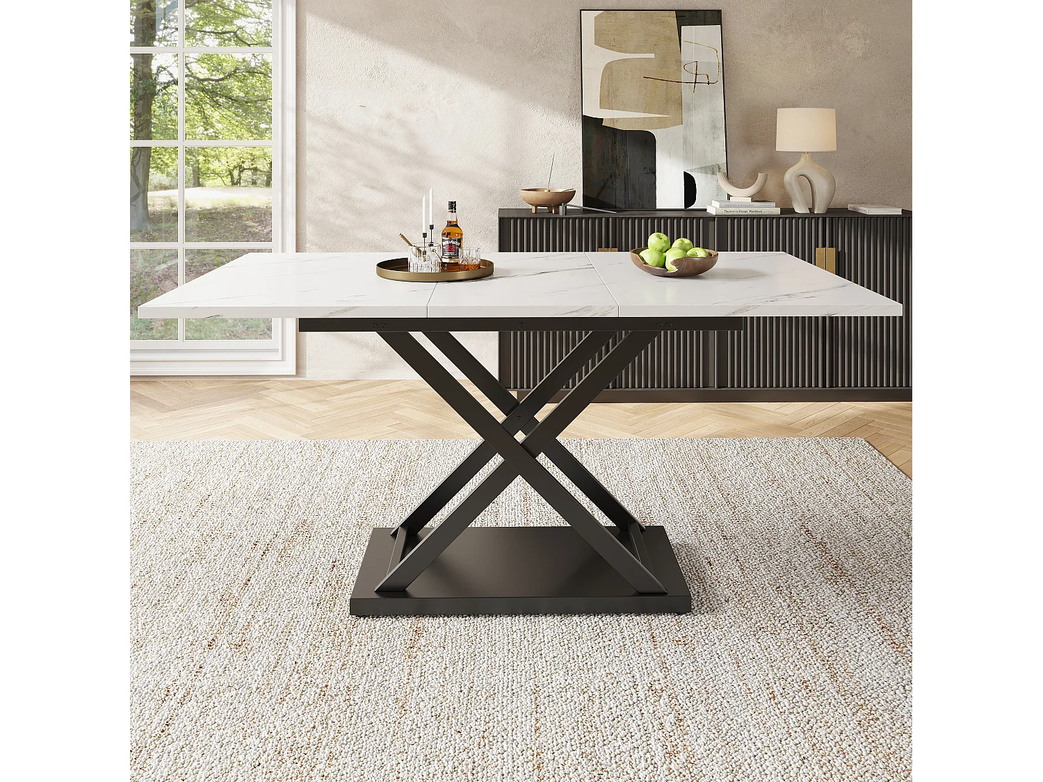 Table à manger extensible rectangle 120-160x80x75cm avec plateau en placage marbre blanc et pieds noir croisé