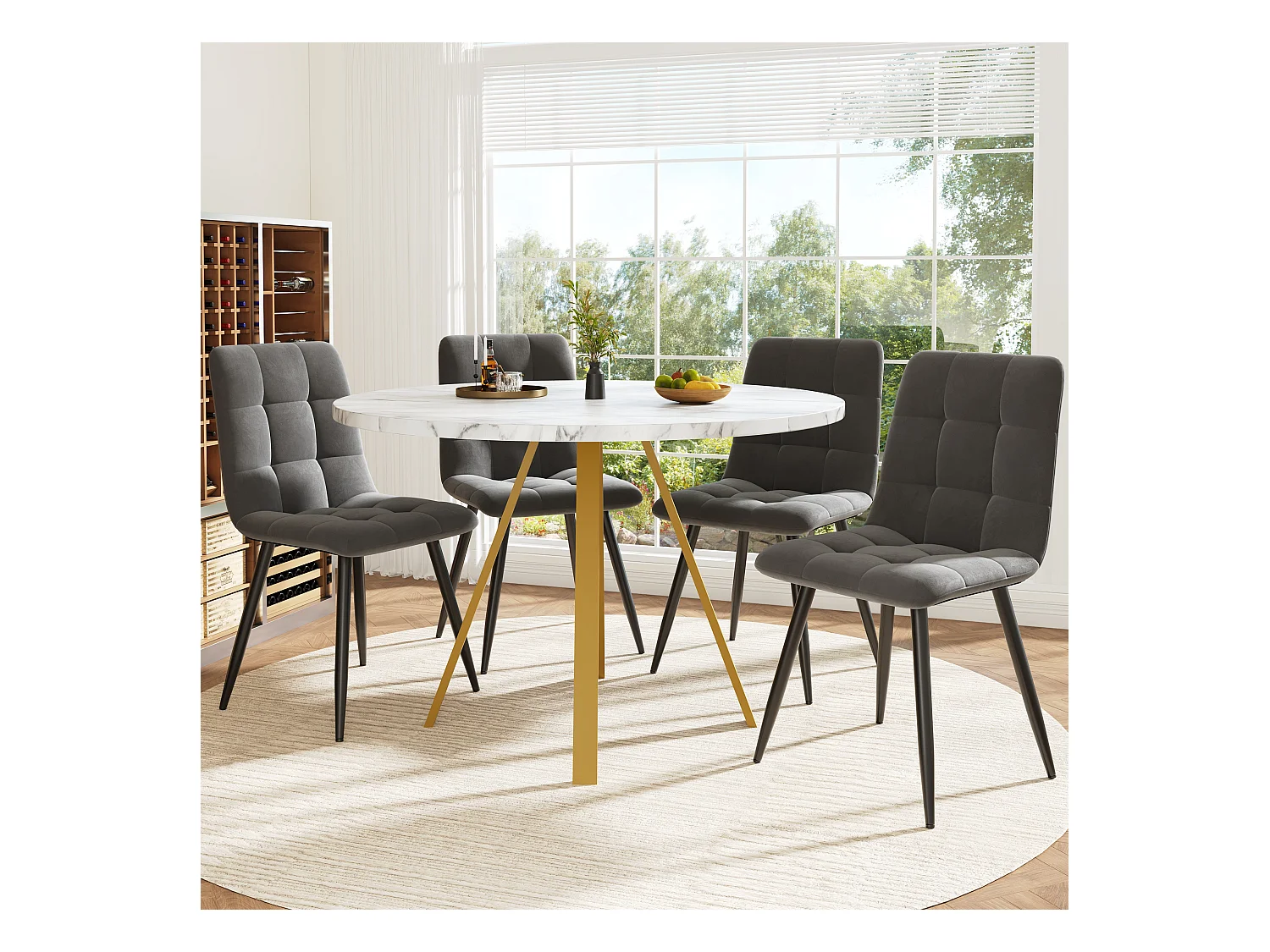Table à manger ronde 80x80x75cm avec plateau en placage marbre blanc et pieds en métal doré