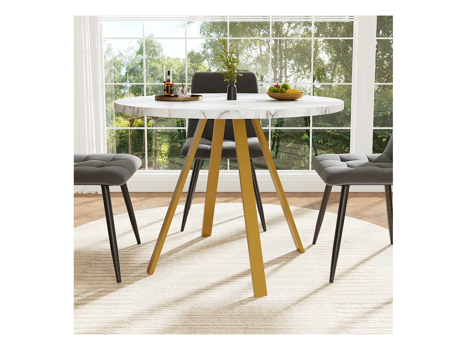 Table à manger ronde 80x80x75cm avec plateau en placage marbre blanc et pieds en métal doré
