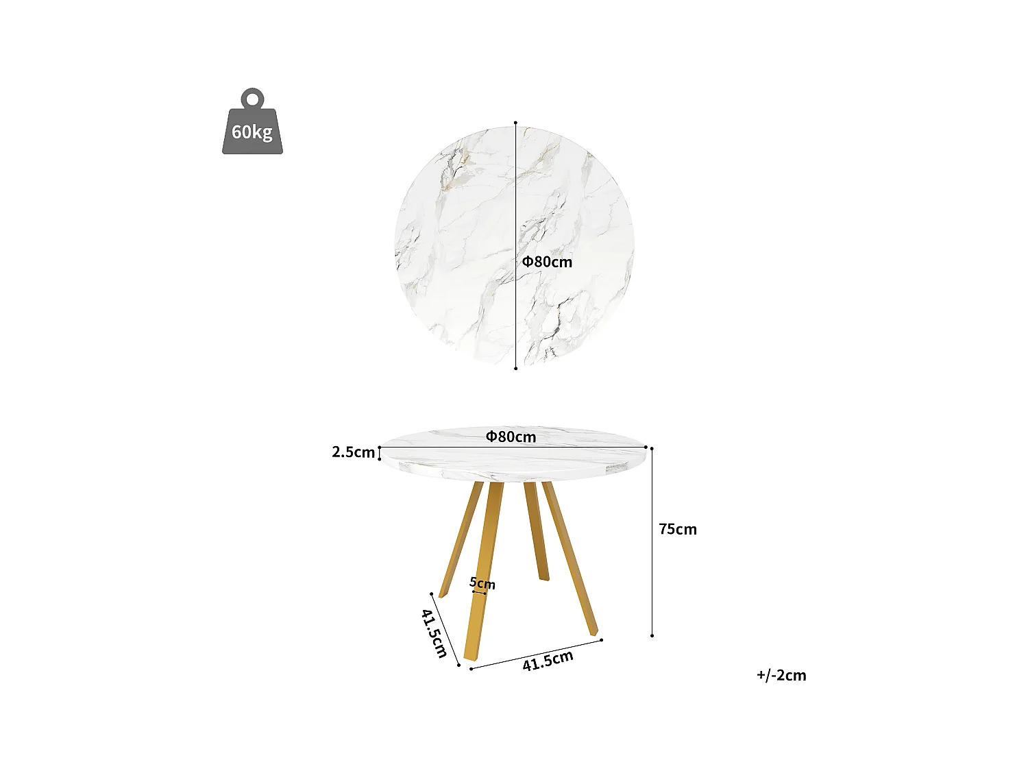 Table à manger ronde 80x80x75cm avec plateau en placage marbre blanc et pieds en métal doré