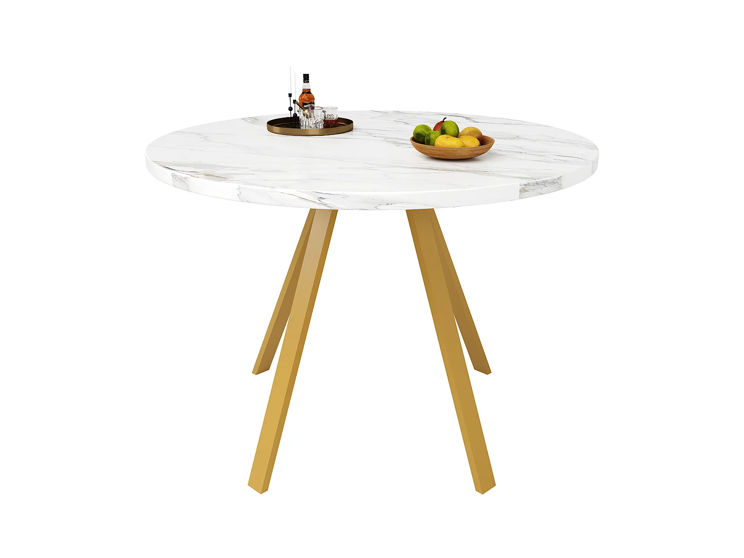 Table à manger ronde 80x80x75cm avec plateau en placage marbre blanc et pieds en métal doré
