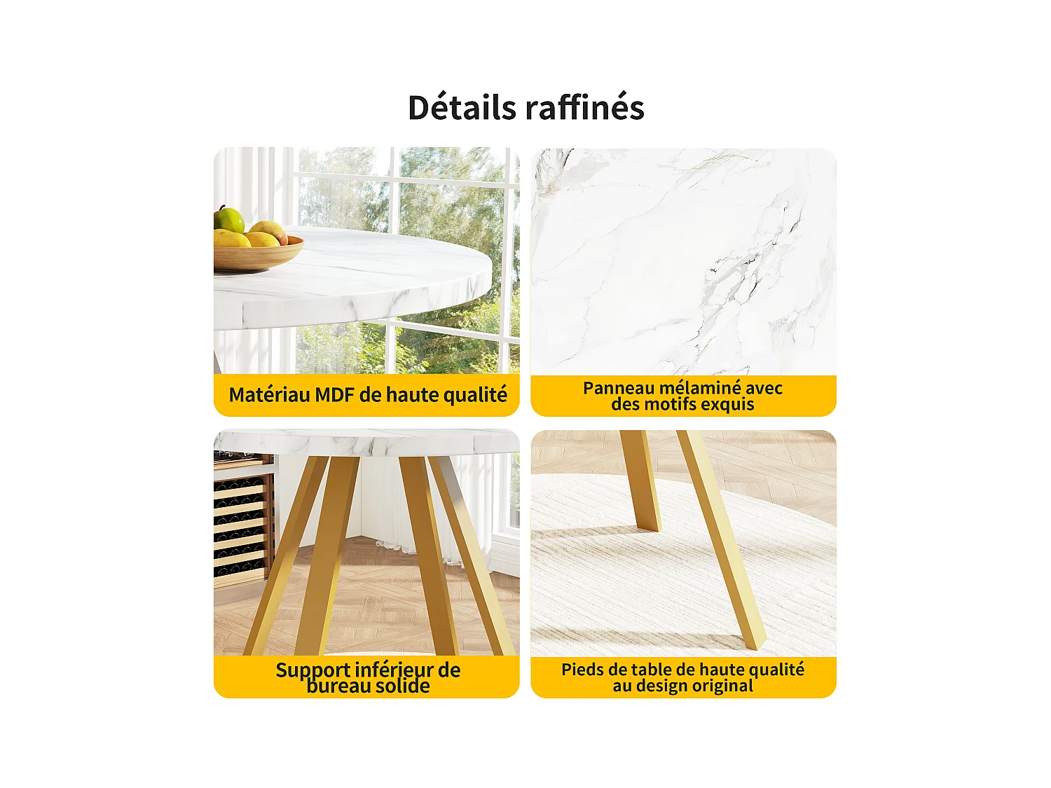 Table à manger ronde 80x80x75cm avec plateau en placage marbre blanc et pieds en métal doré