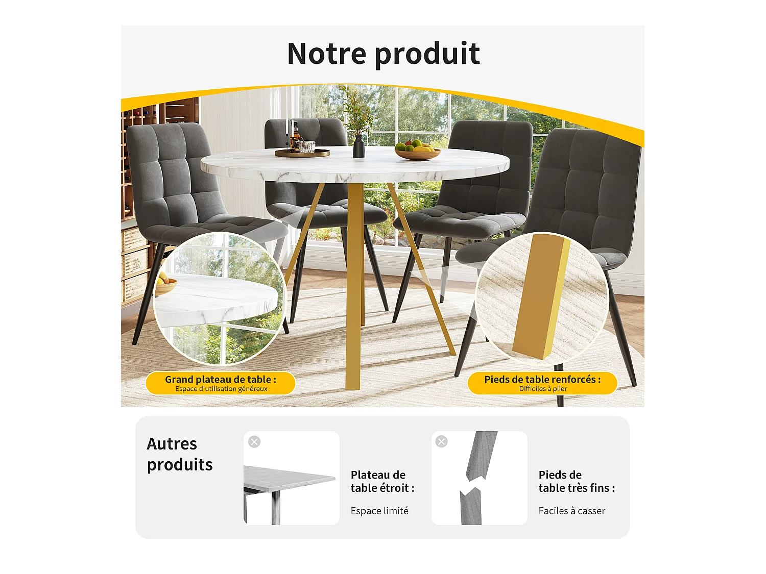 Table à manger ronde 80x80x75cm avec plateau en placage marbre blanc et pieds en métal doré