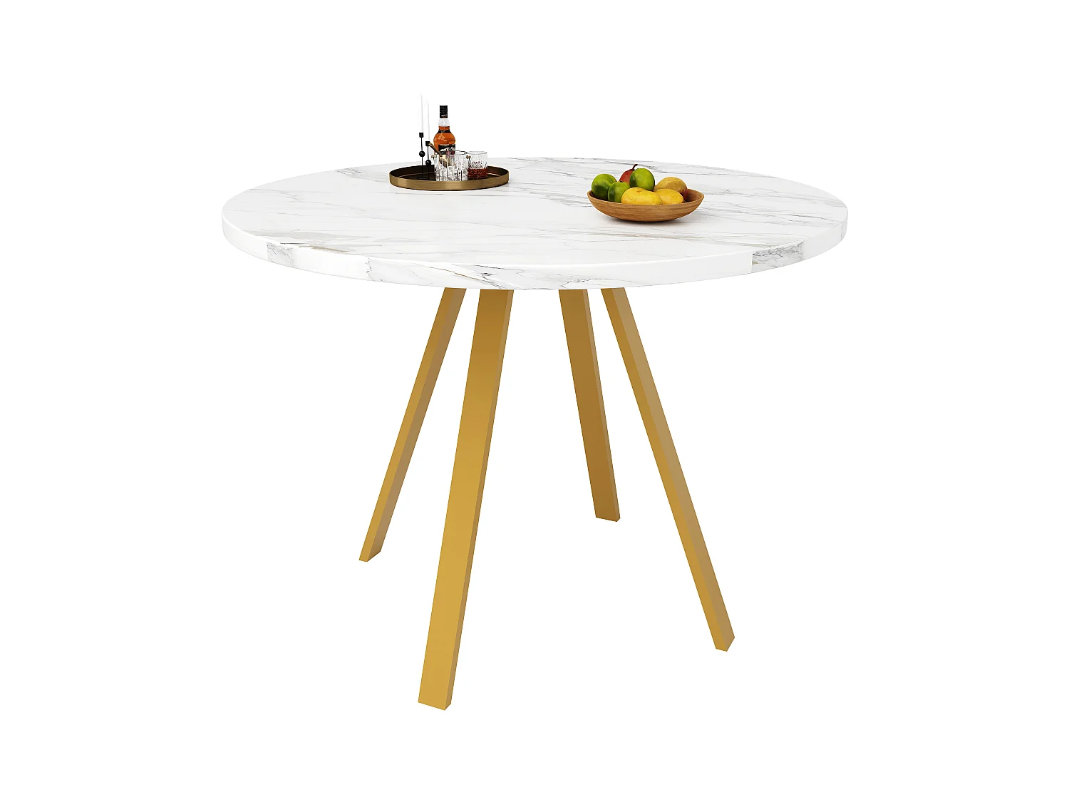 Table à manger ronde 80x80x75cm avec plateau en placage marbre blanc et pieds en métal doré