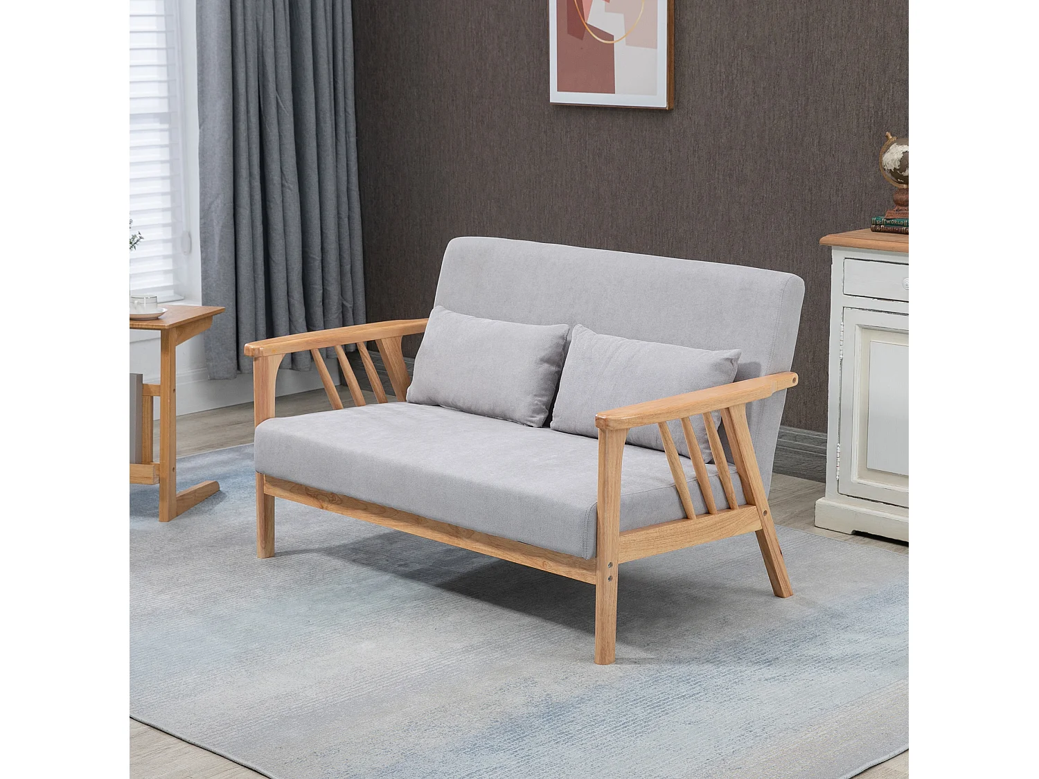 Canapé droit 2 places gris, cadre en bois naturel, 2 coussins inclus - 130x75x78cm