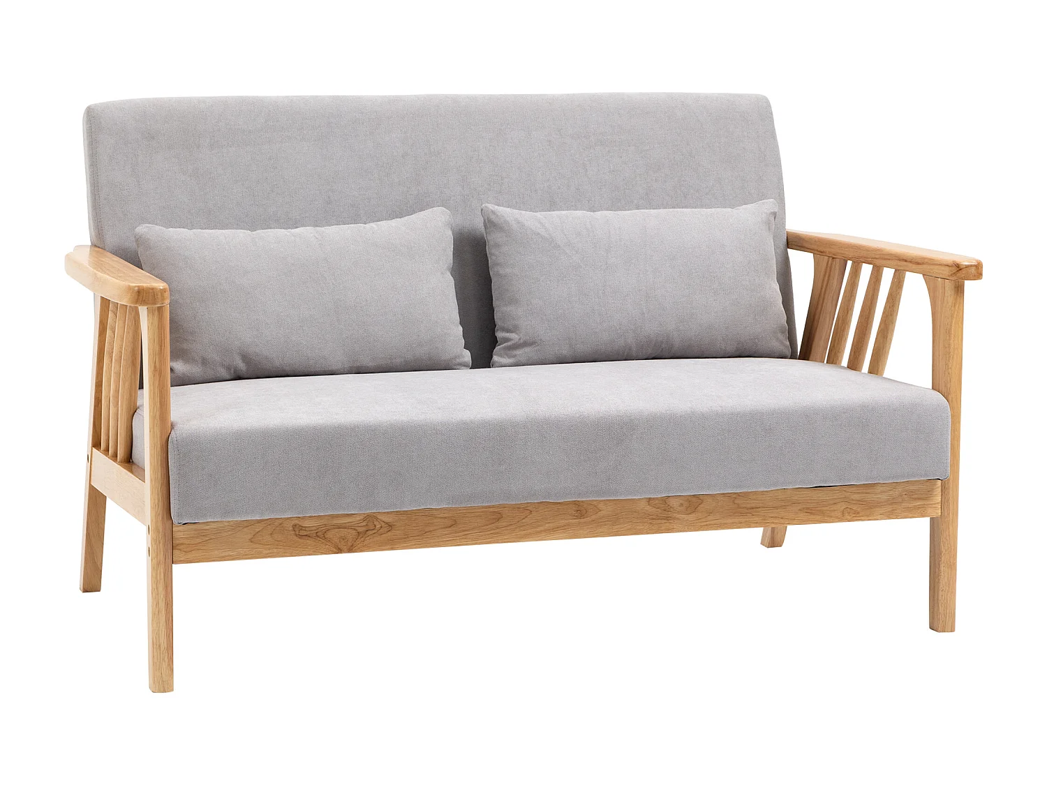 Canapé droit 2 places gris, cadre en bois naturel, 2 coussins inclus - 130x75x78cm