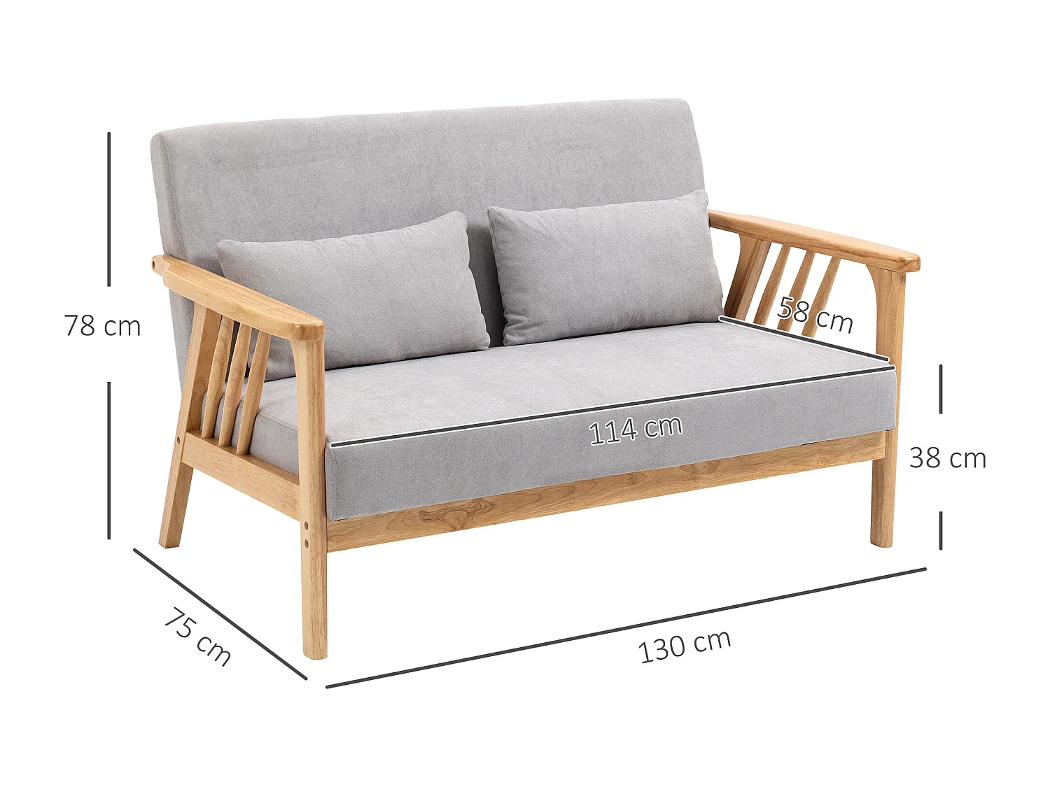 Canapé droit 2 places gris, cadre en bois naturel, 2 coussins inclus - 130x75x78cm