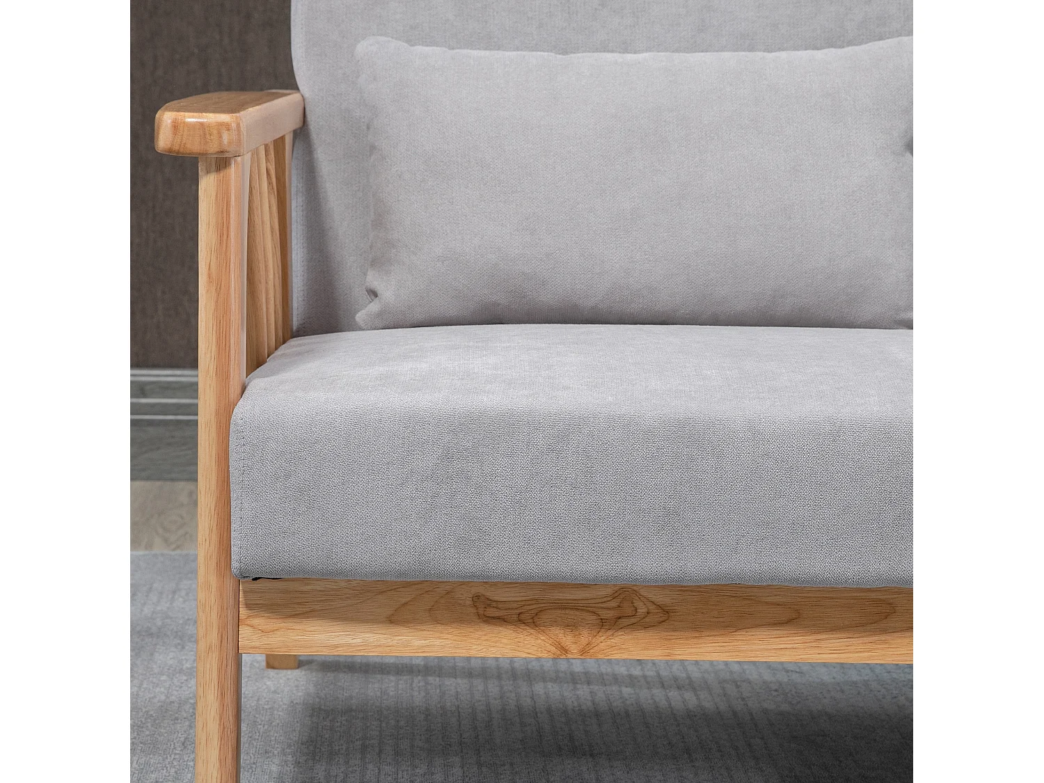 Canapé droit 2 places gris, cadre en bois naturel, 2 coussins inclus - 130x75x78cm