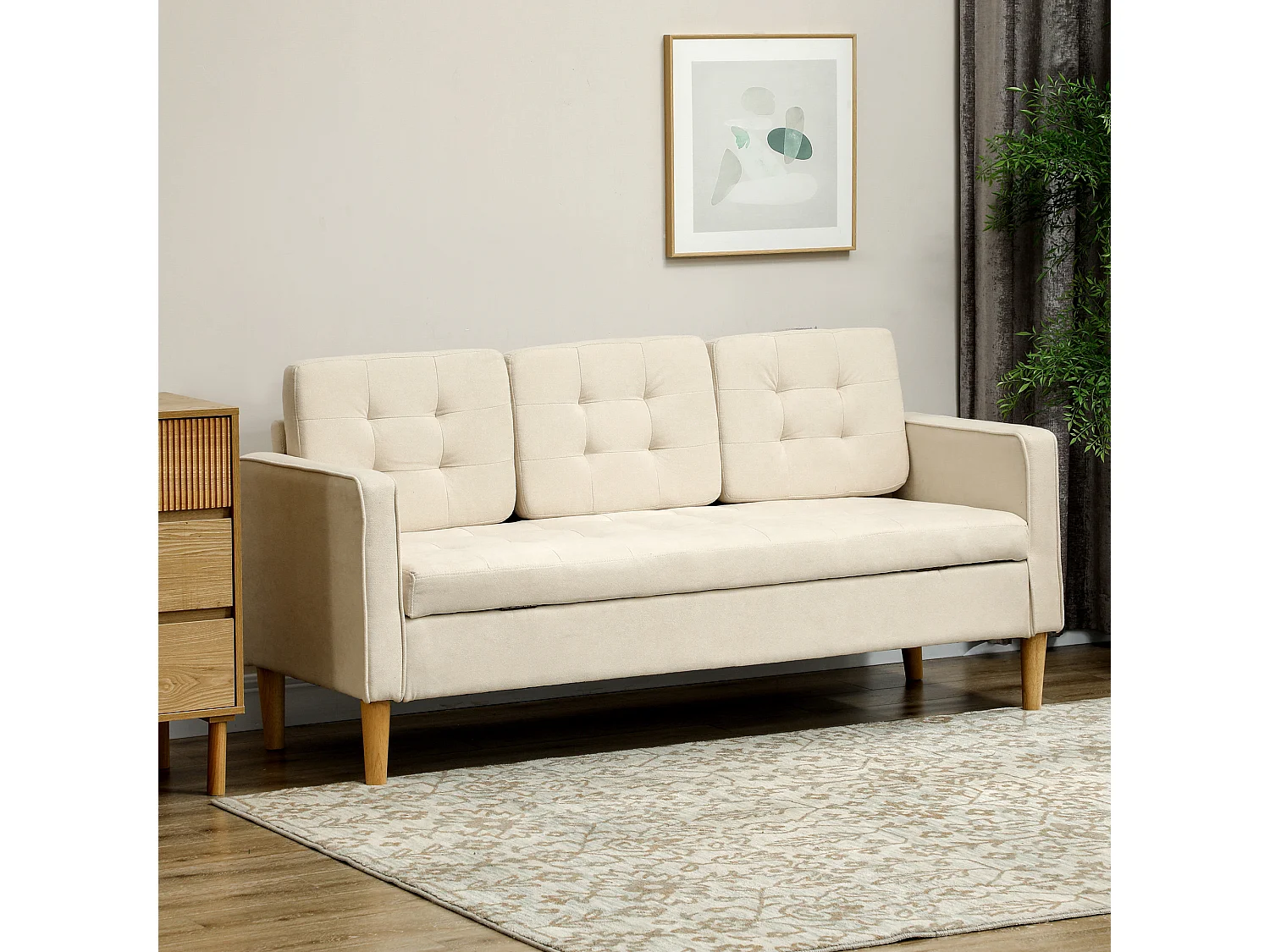 Canapé droit 3 places crème blanc avec coffre intégré et coussins amovibles - 166.5x62x82cm