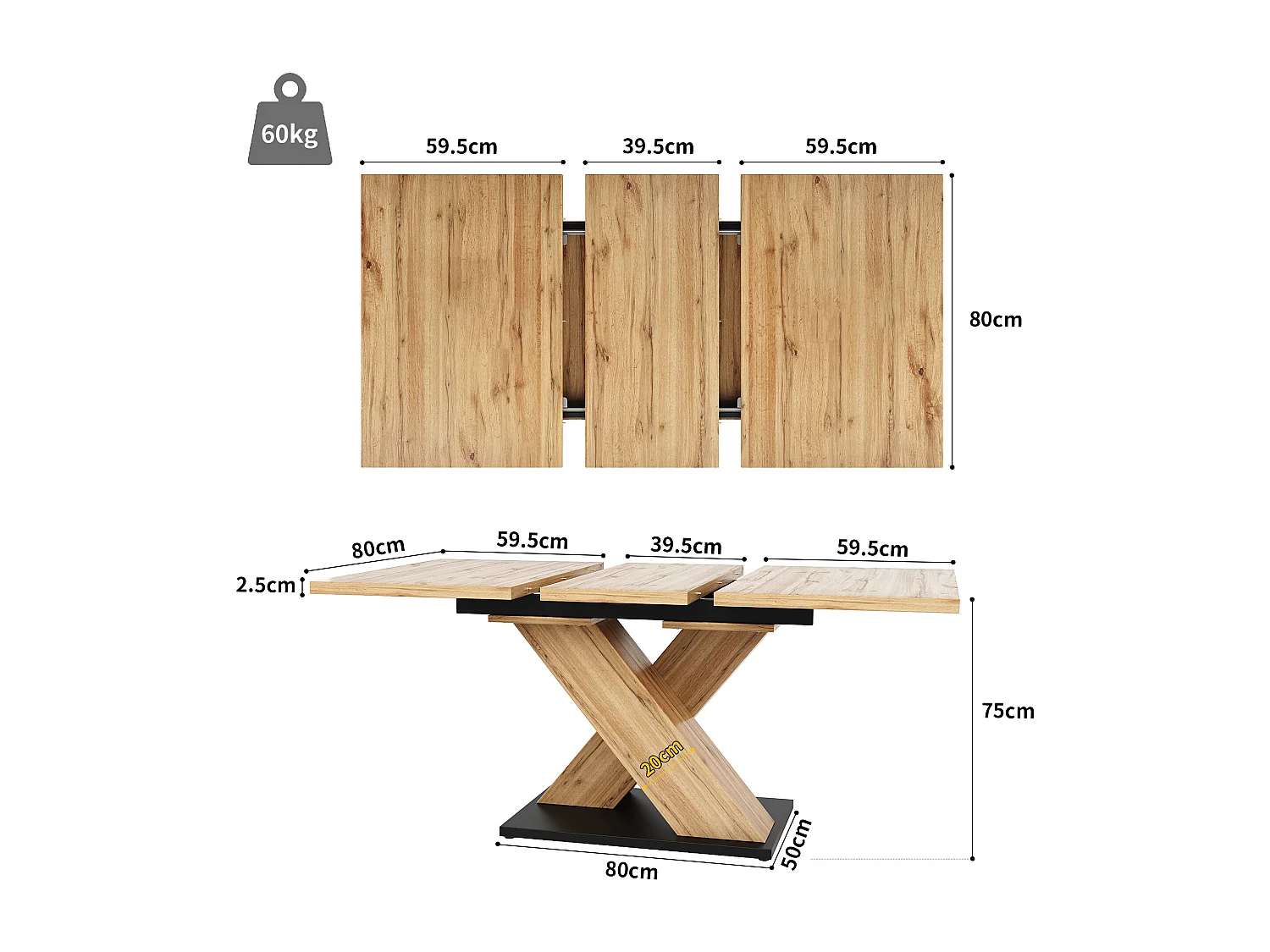 Tavolo da pranzo rettangolare allungabile 119-158,5x80x75cm in impiallacciatura effetto legno naturale chiaro e gambe incrociate