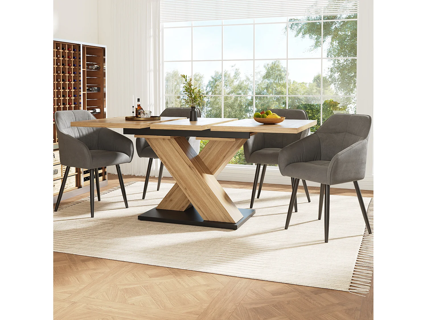 Tavolo da pranzo rettangolare allungabile 119-158,5x80x75cm in impiallacciatura effetto legno naturale chiaro e gambe incrociate