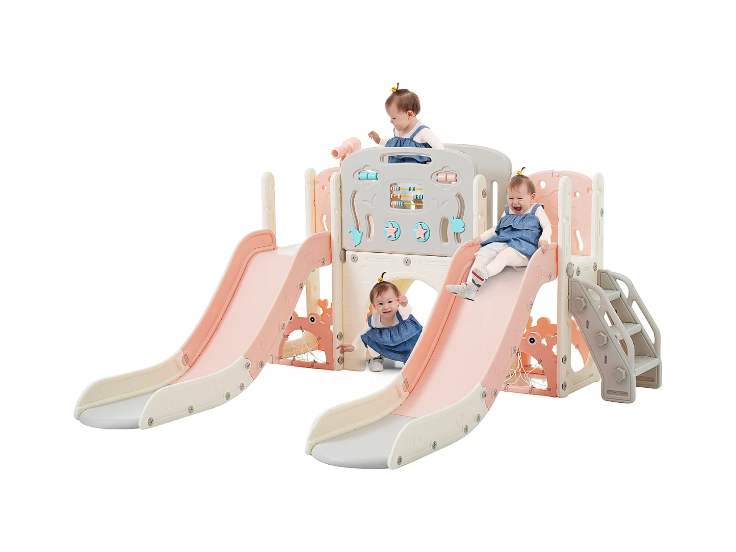 Aire de jeux 8 en 1 motif marin avec double toboggan, tunnel en arc, panier de basket, télescope et structure d’escalade.