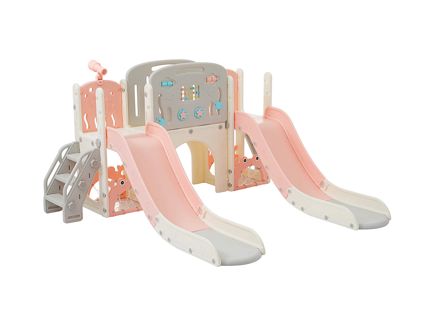 Aire de jeux 8 en 1 motif marin avec double toboggan, tunnel en arc, panier de basket, télescope et structure d’escalade.