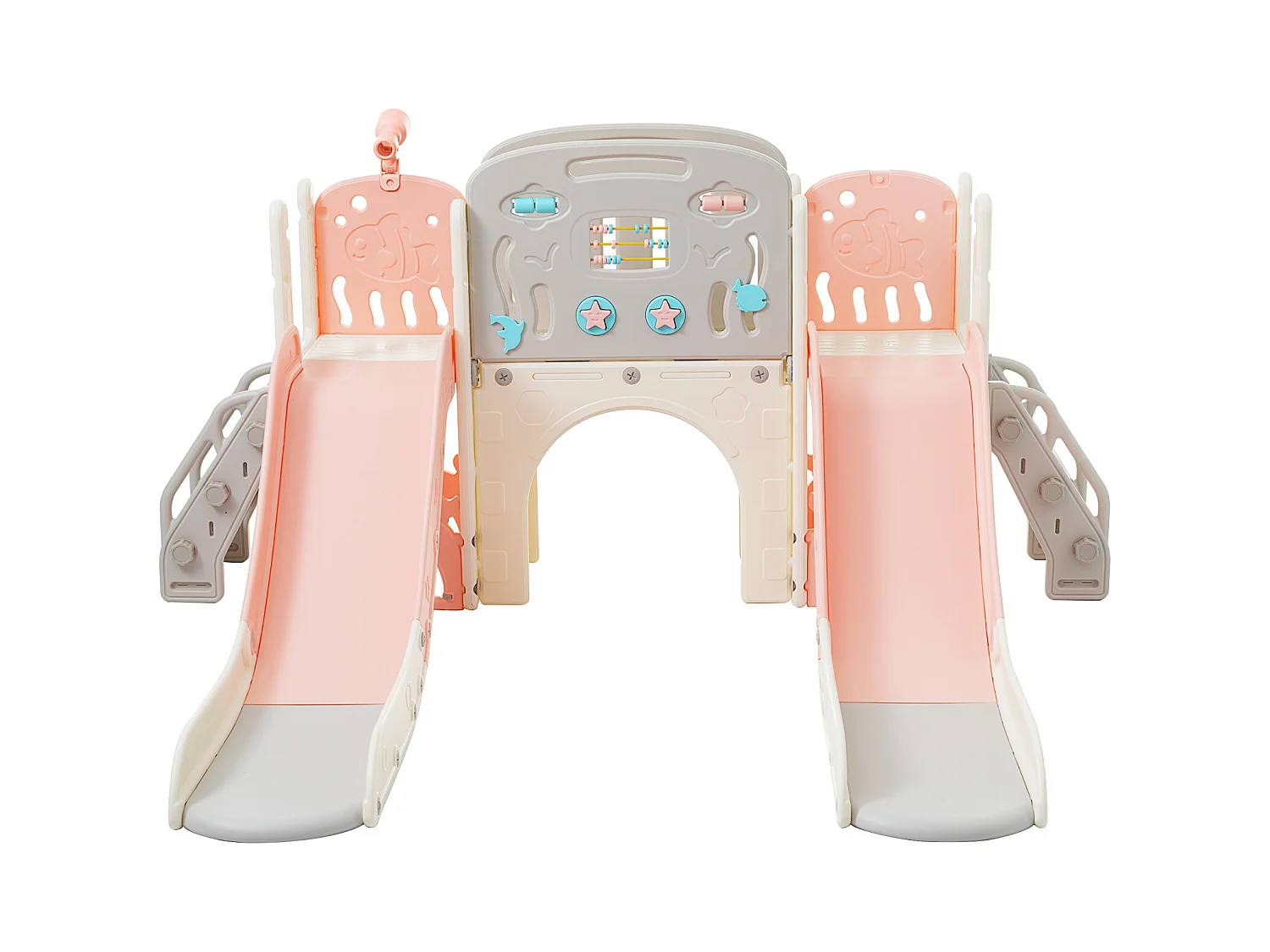 Aire de jeux 8 en 1 motif marin avec double toboggan, tunnel en arc, panier de basket, télescope et structure d’escalade.