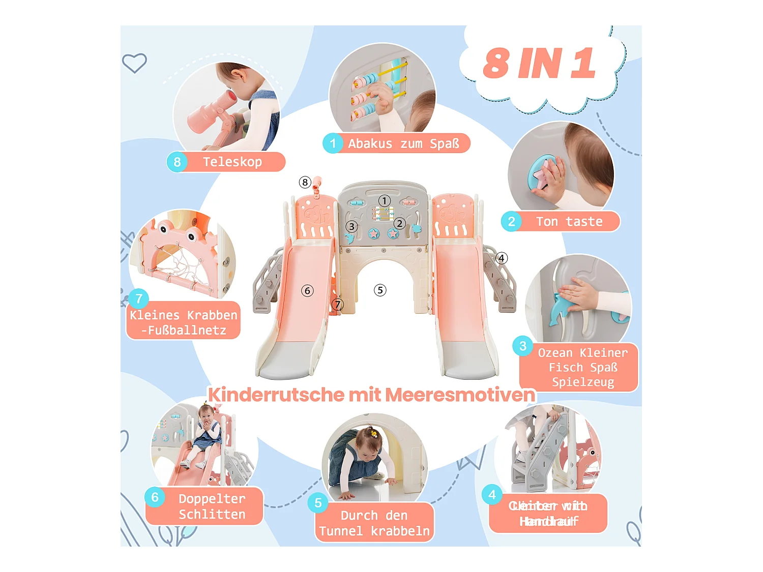 Aire de jeux 8 en 1 motif marin avec double toboggan, tunnel en arc, panier de basket, télescope et structure d’escalade.