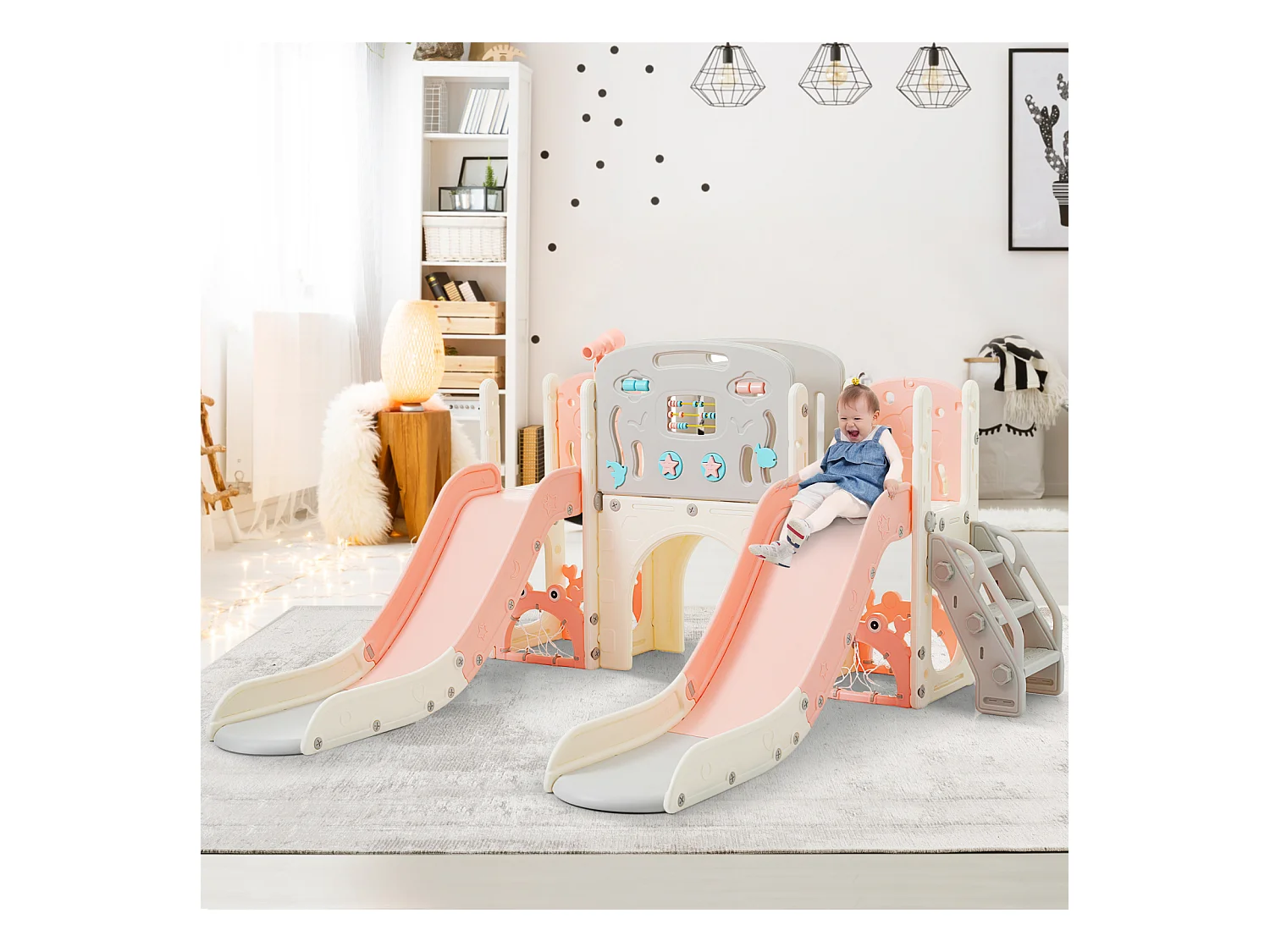 Aire de jeux 8 en 1 motif marin avec double toboggan, tunnel en arc, panier de basket, télescope et structure d’escalade.