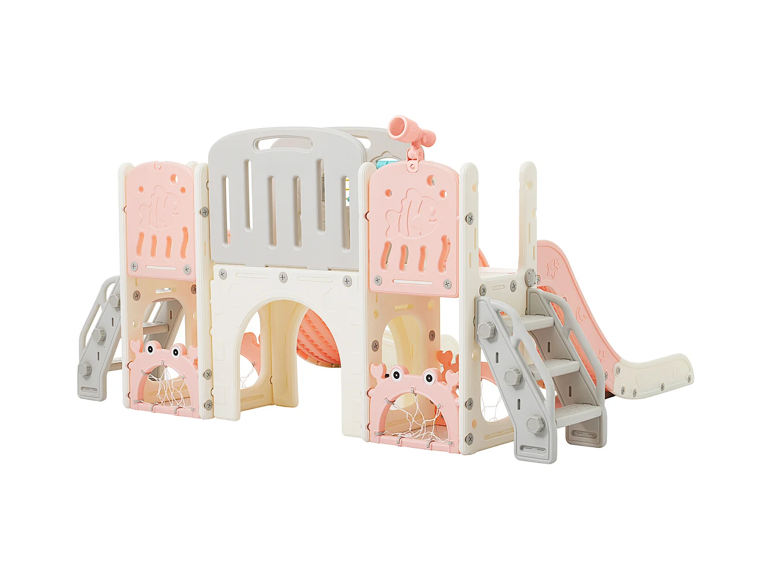 Aire de jeux 8 en 1 motif marin avec double toboggan, tunnel en arc, panier de basket, télescope et structure d’escalade.