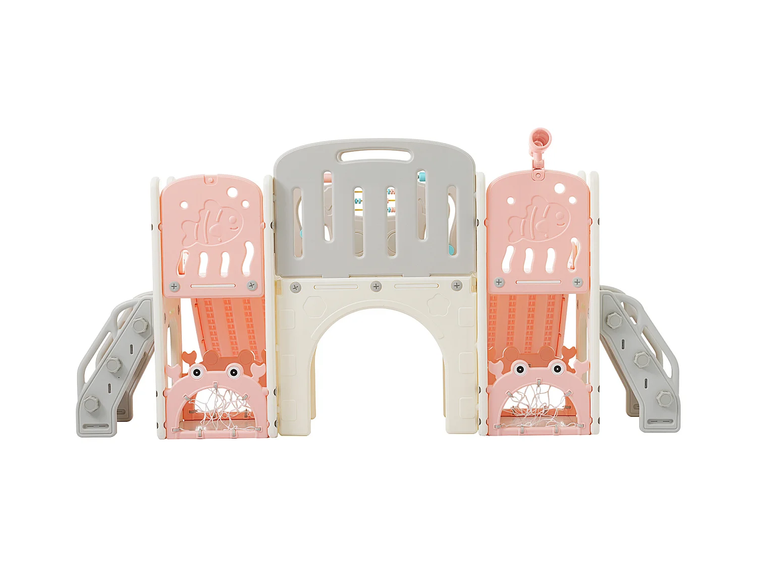 Aire de jeux 8 en 1 motif marin avec double toboggan, tunnel en arc, panier de basket, télescope et structure d’escalade.