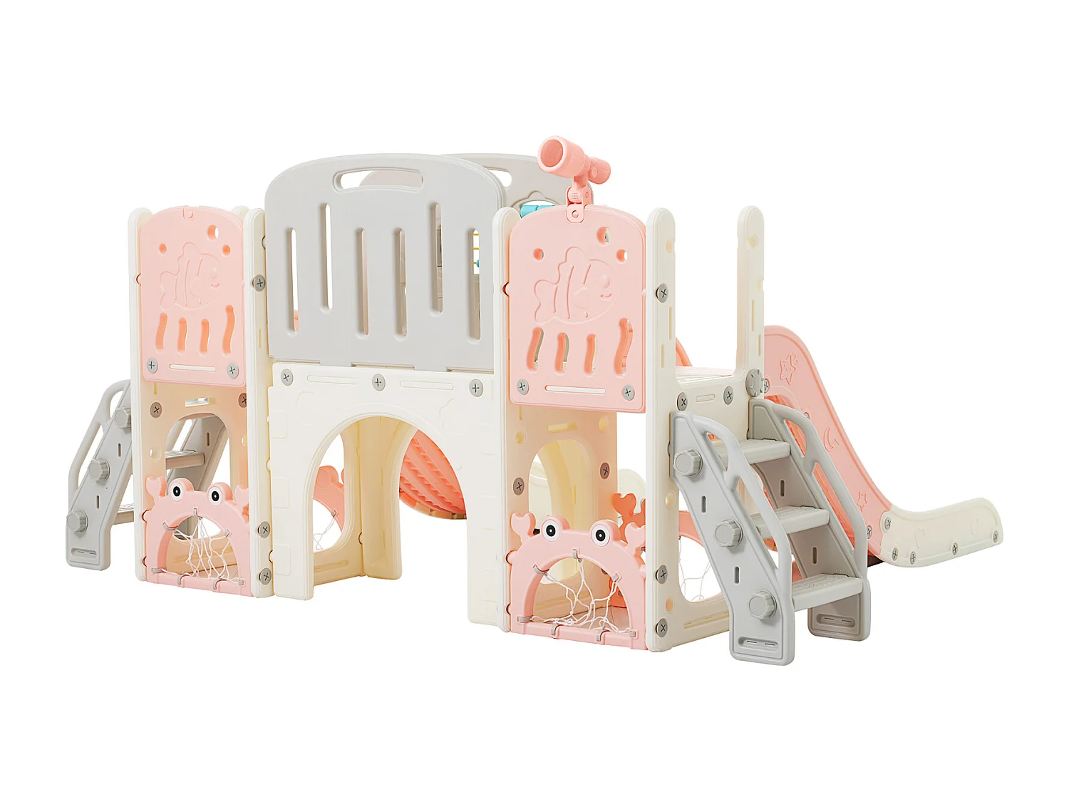 8-in-1 speeltuin met maritiem thema, dubbele glijbaan, boogtunnel, basketbalring, telescoop en klimrek.