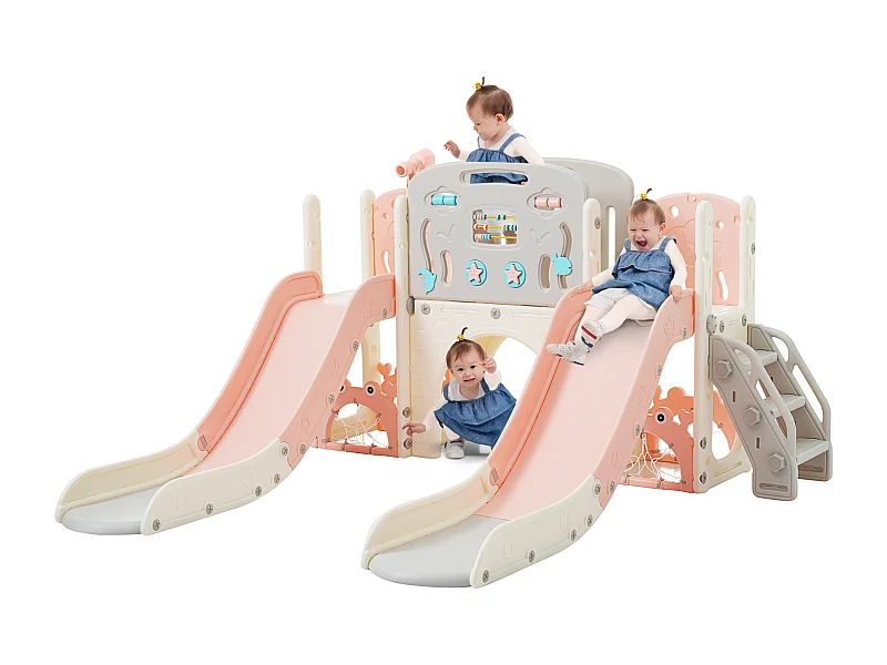 Aire de jeux 8 en 1 motif marin avec double toboggan, tunnel en arc, panier de basket, télescope et structure d’escalade.