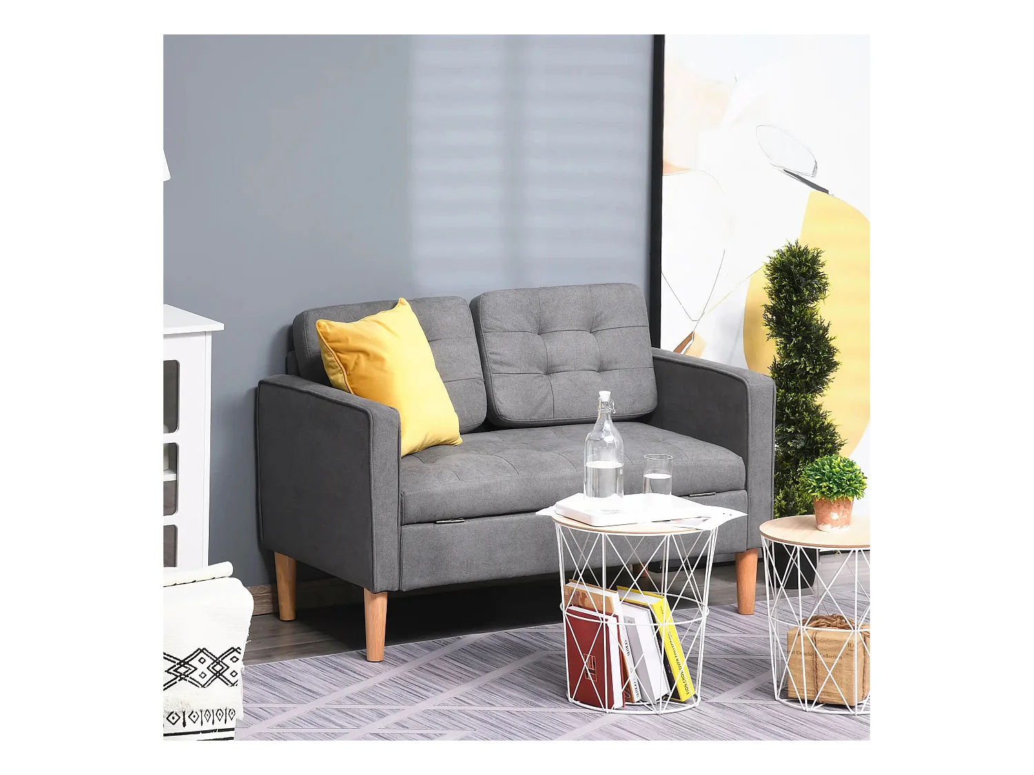 Canapé droit 2 places gris avec coffre intégré et coussins amovibles - 117x62x78cm