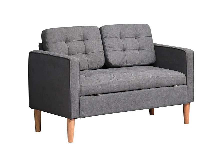 Canapé droit 2 places gris avec coffre intégré et coussins amovibles - 117x62x78cm