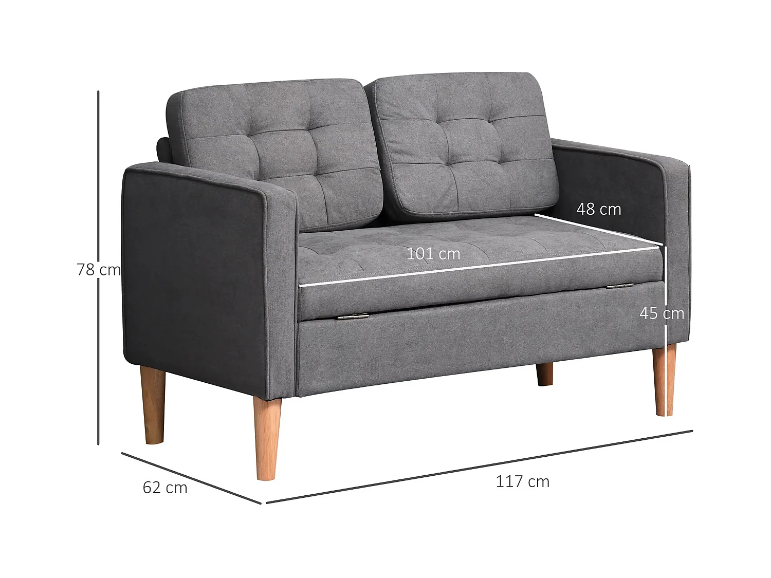 Canapé droit 2 places gris avec coffre intégré et coussins amovibles - 117x62x78cm