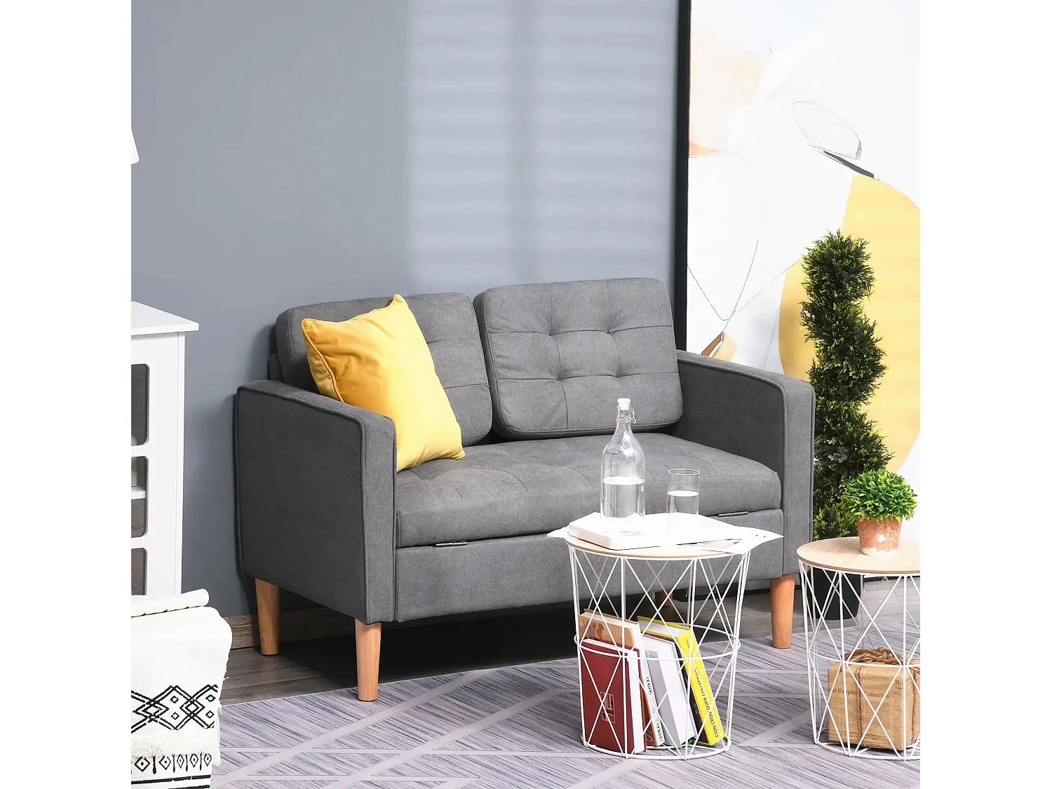 Canapé droit 2 places gris avec coffre intégré et coussins amovibles - 117x62x78cm