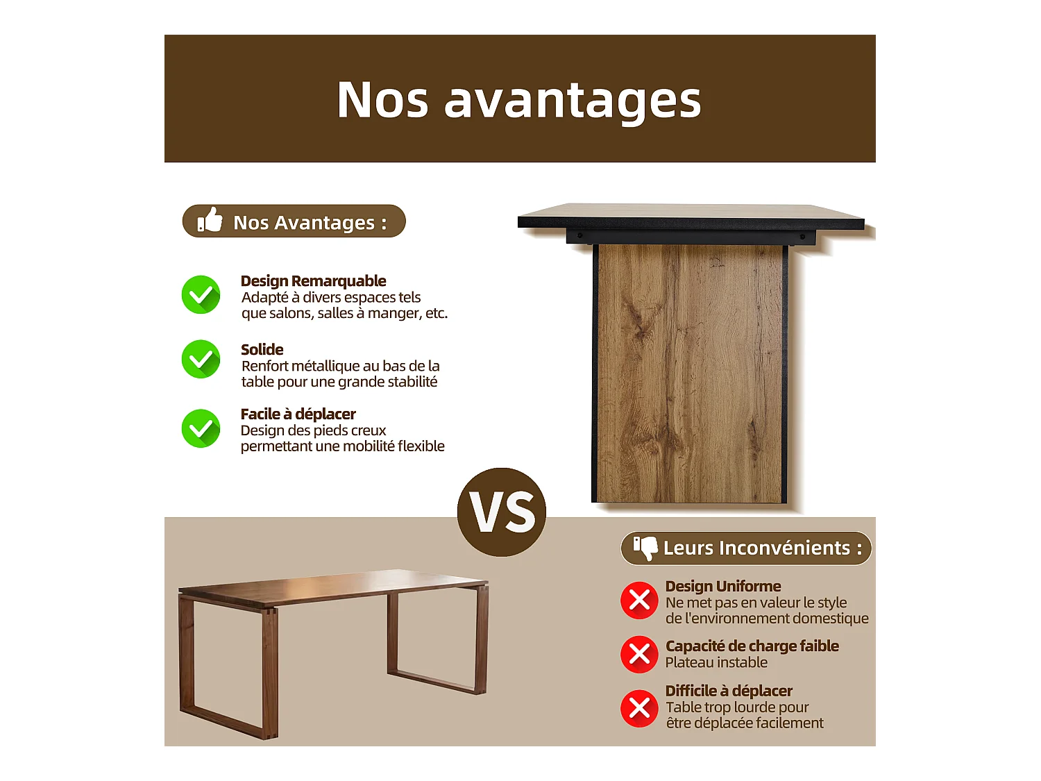 Table à manger rectangle 138.5x80x75cm en placage woodgrain naturel clair, cadre en MDF