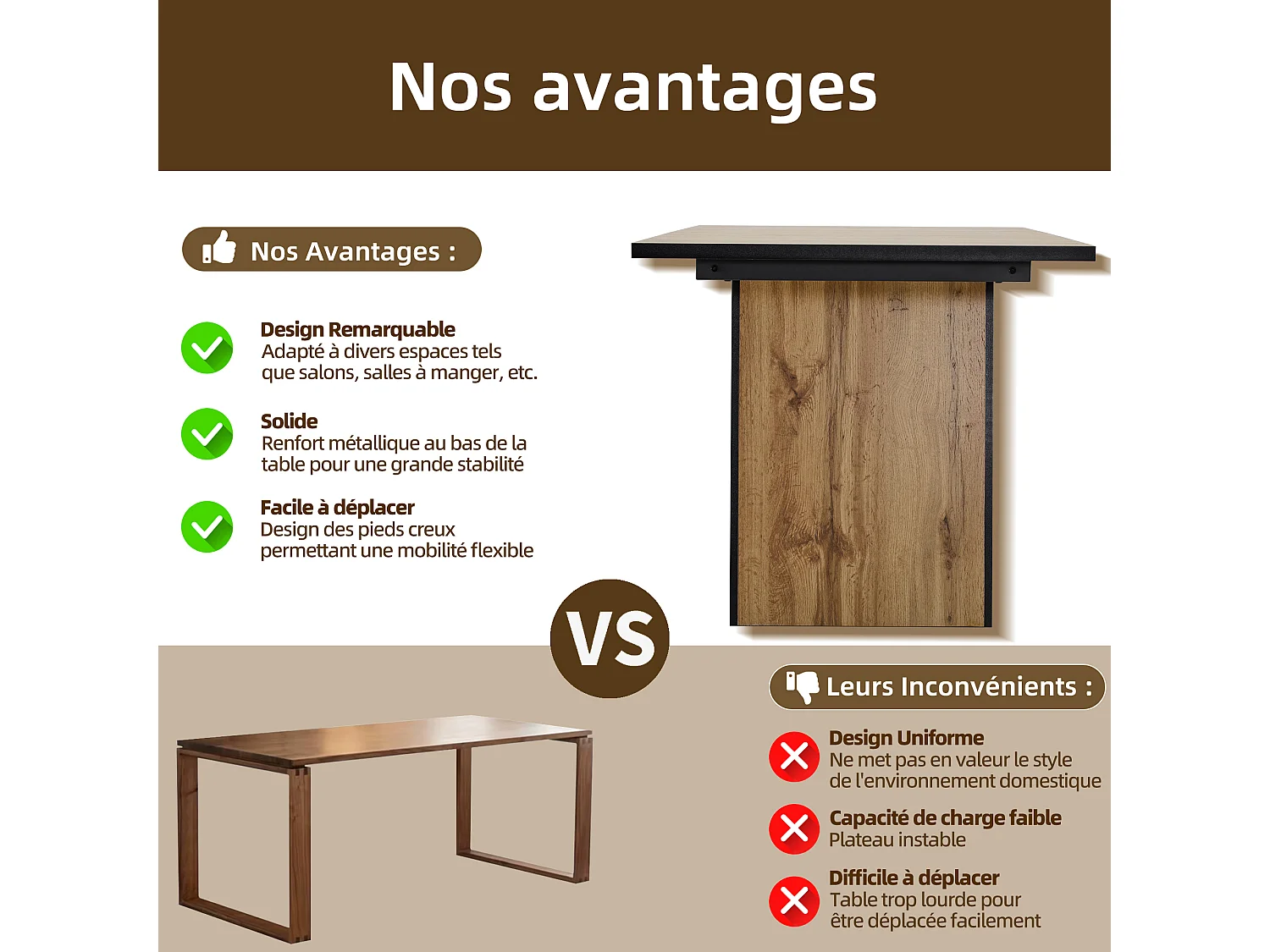 Table à manger rectangle 138.5x80x75cm en placage woodgrain naturel clair, cadre en MDF
