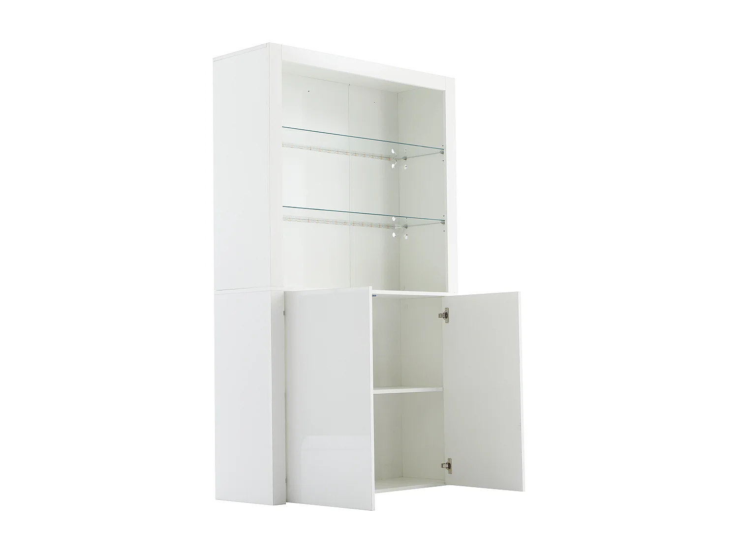 Vitrine avec 2 portes et tablettes en verre trempé, corps en blanc laqué, LED inclus - 100x35x170cm