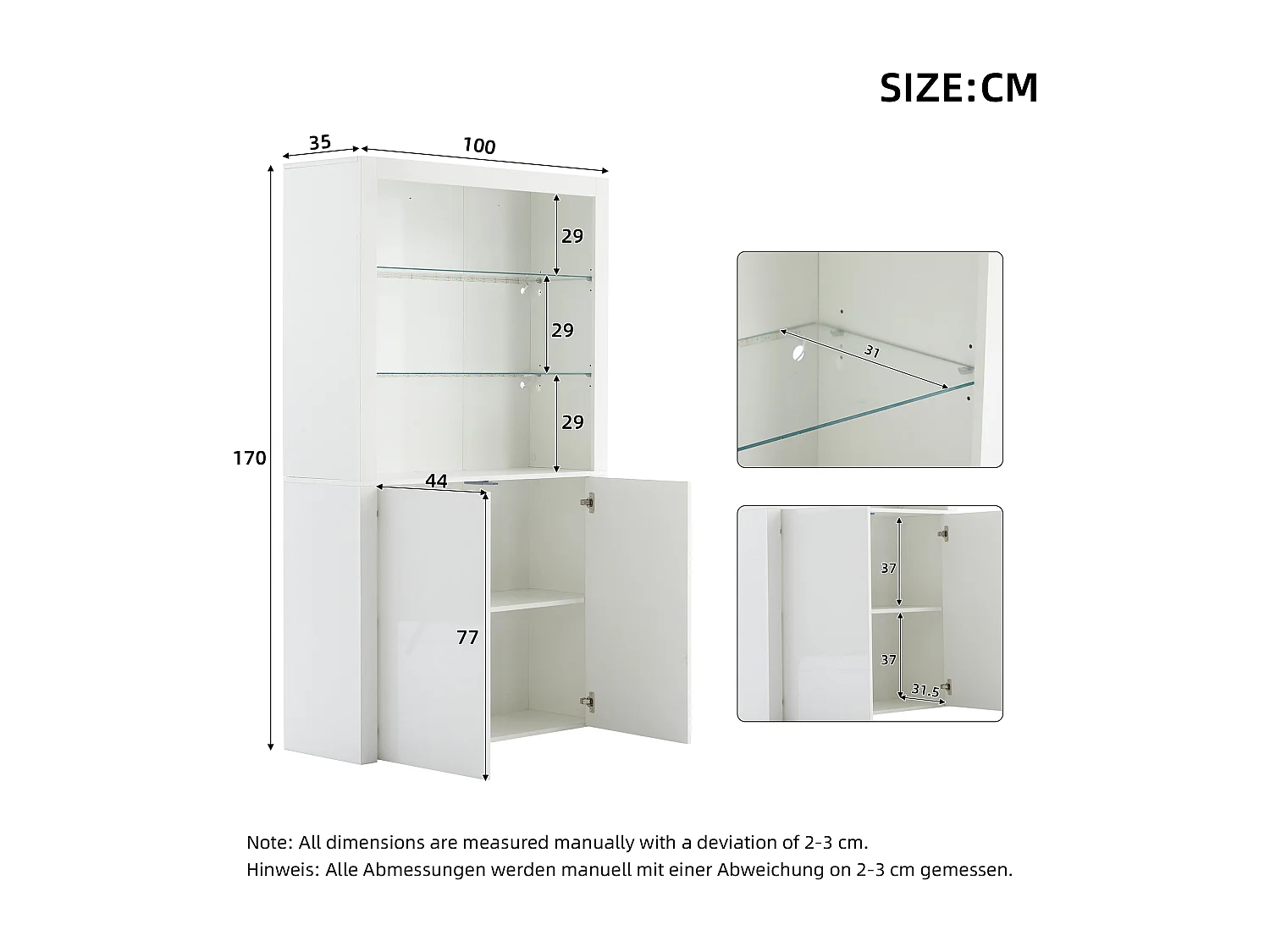 Vitrine avec 2 portes et tablettes en verre trempé, corps en blanc laqué, LED inclus - 100x35x170cm