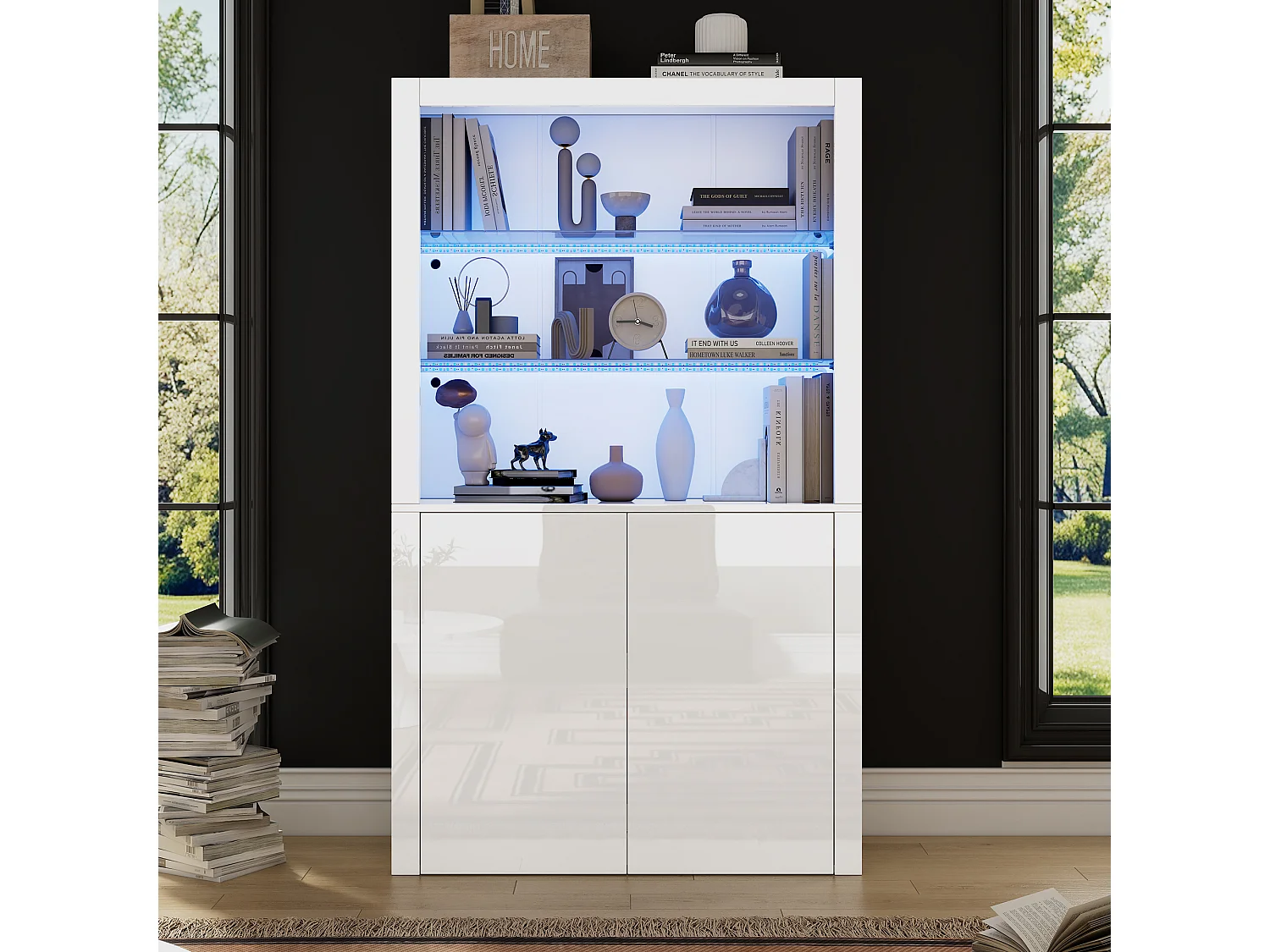 Vitrine avec LED, 2 étagères en verre et 2 portes -Finition brillant blanc