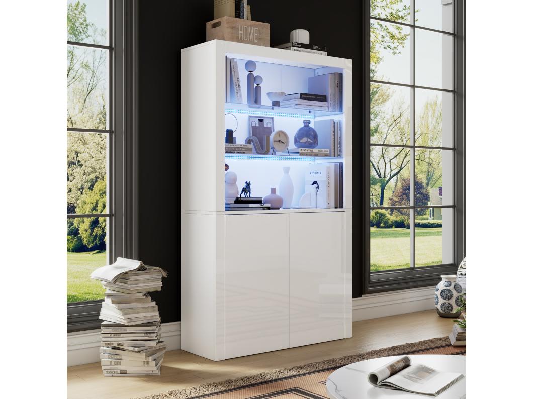 Vitrina con 2 puertas y estantes de cristal templado, cuerpo lacado en blanco, LED incluido - 100x35x170cm