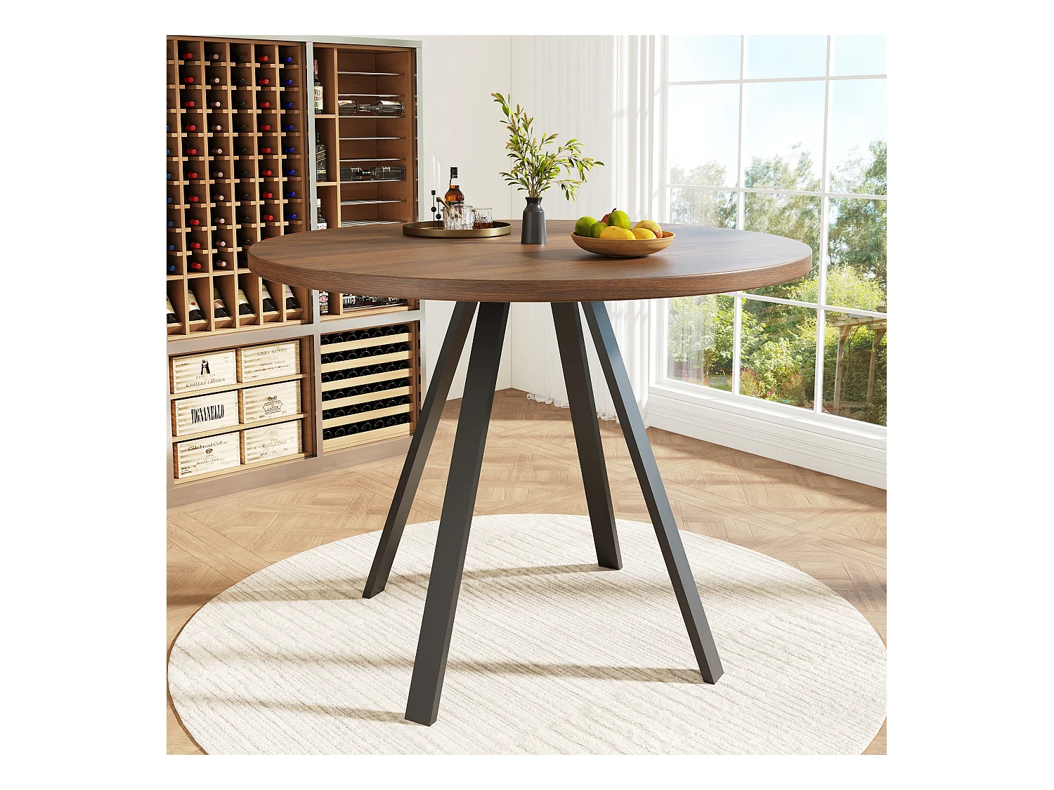 Ronde eettafel 80x80x75cm met bruin houtnerf fineer blad en zwarte metalen poten