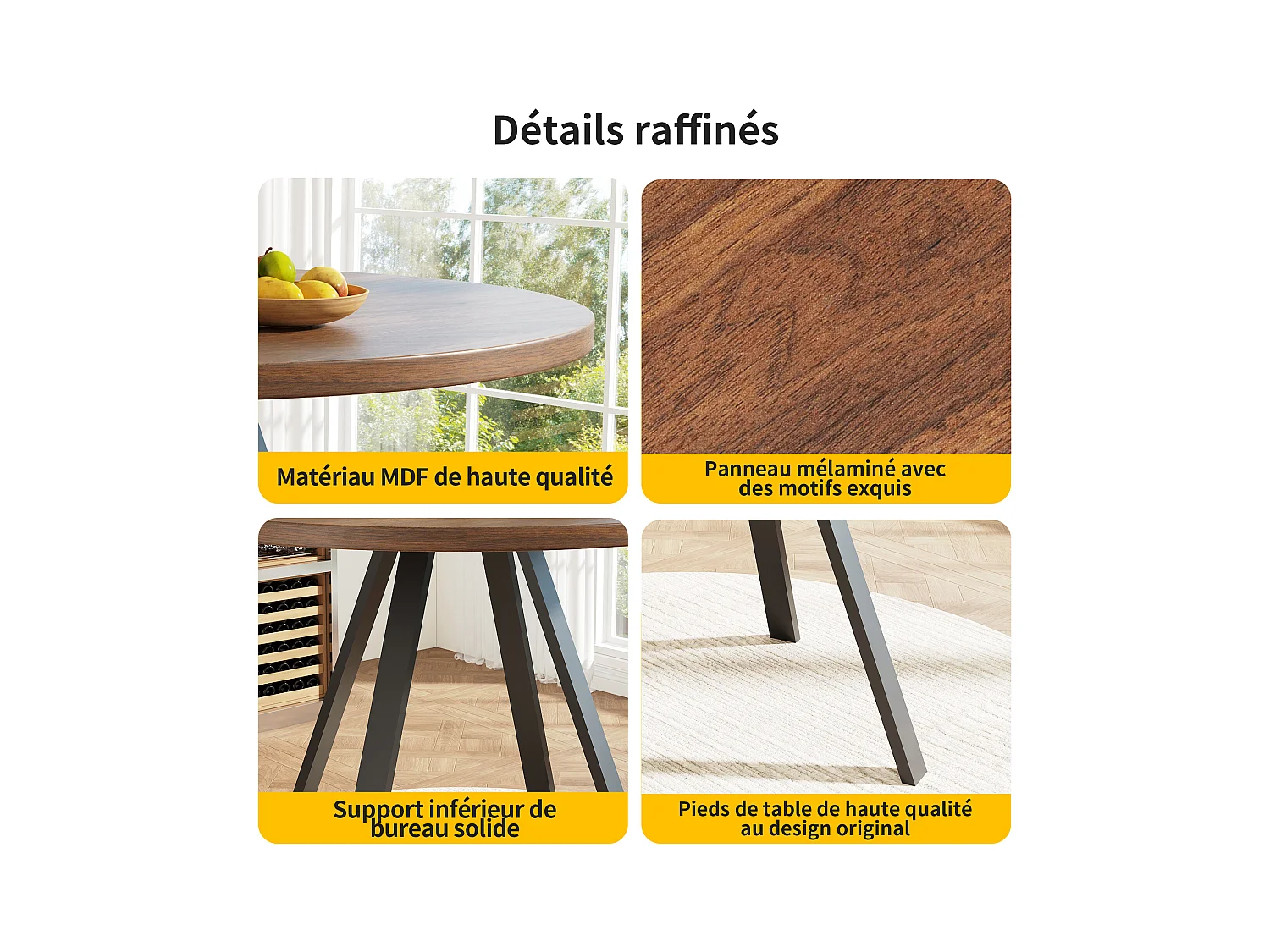 Ronde eettafel 80x80x75cm met bruin houtnerf fineer blad en zwarte metalen poten