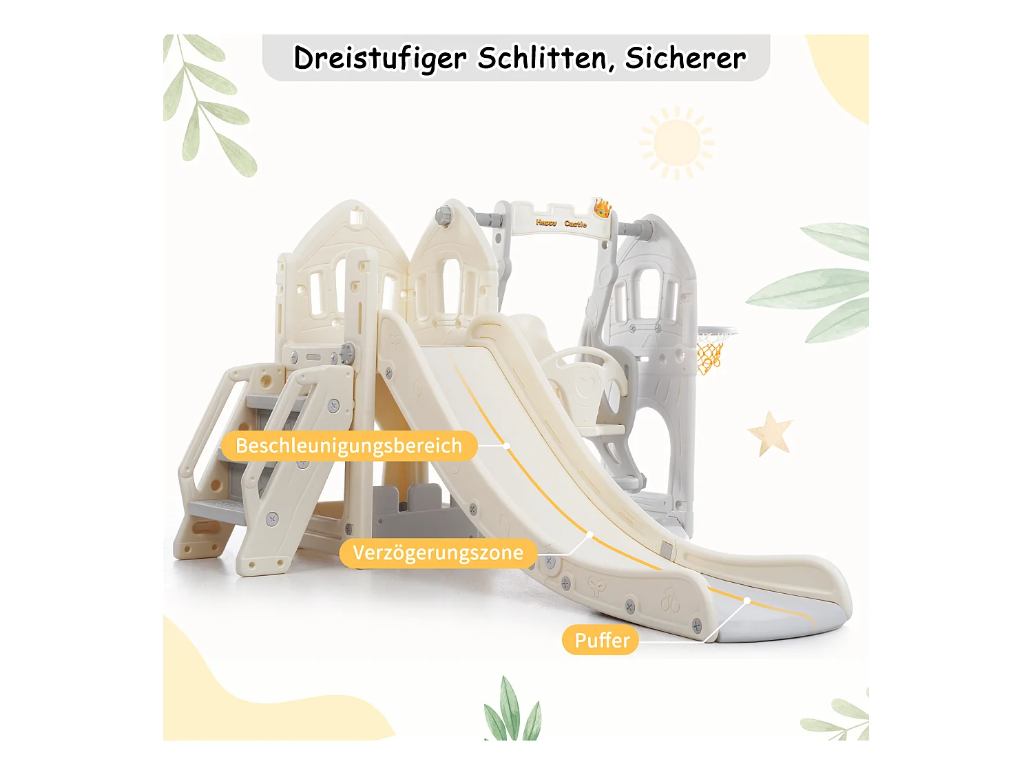 Set de toboggan 5 en 1 avec balançoire, glissade, escalade, rangement et panier de basket, idéal pour intérieur.