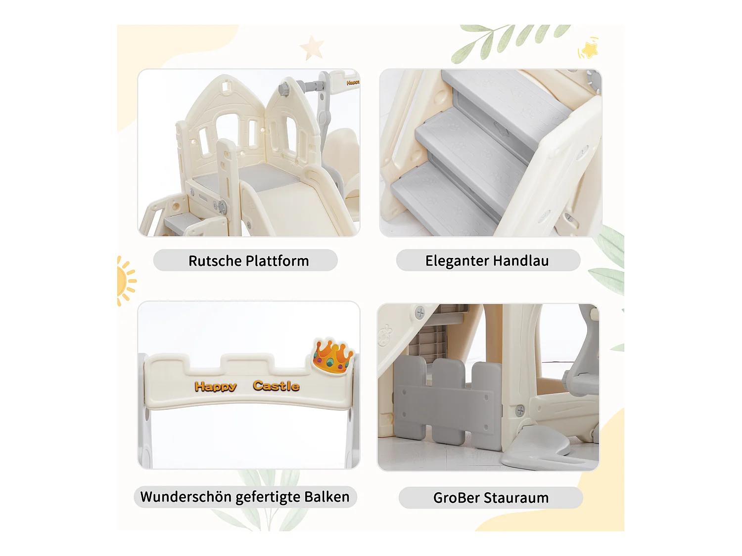 Set de toboggan 5 en 1 avec balançoire, glissade, escalade, rangement et panier de basket, idéal pour intérieur.