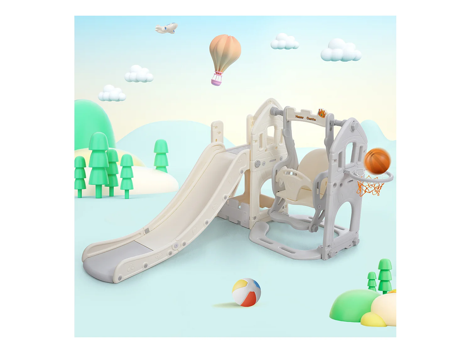 Set de toboggan 5 en 1 avec balançoire, glissade, escalade, rangement et panier de basket, idéal pour intérieur.