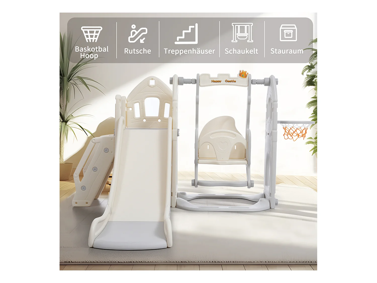 Set de toboggan 5 en 1 avec balançoire, glissade, escalade, rangement et panier de basket, idéal pour intérieur.